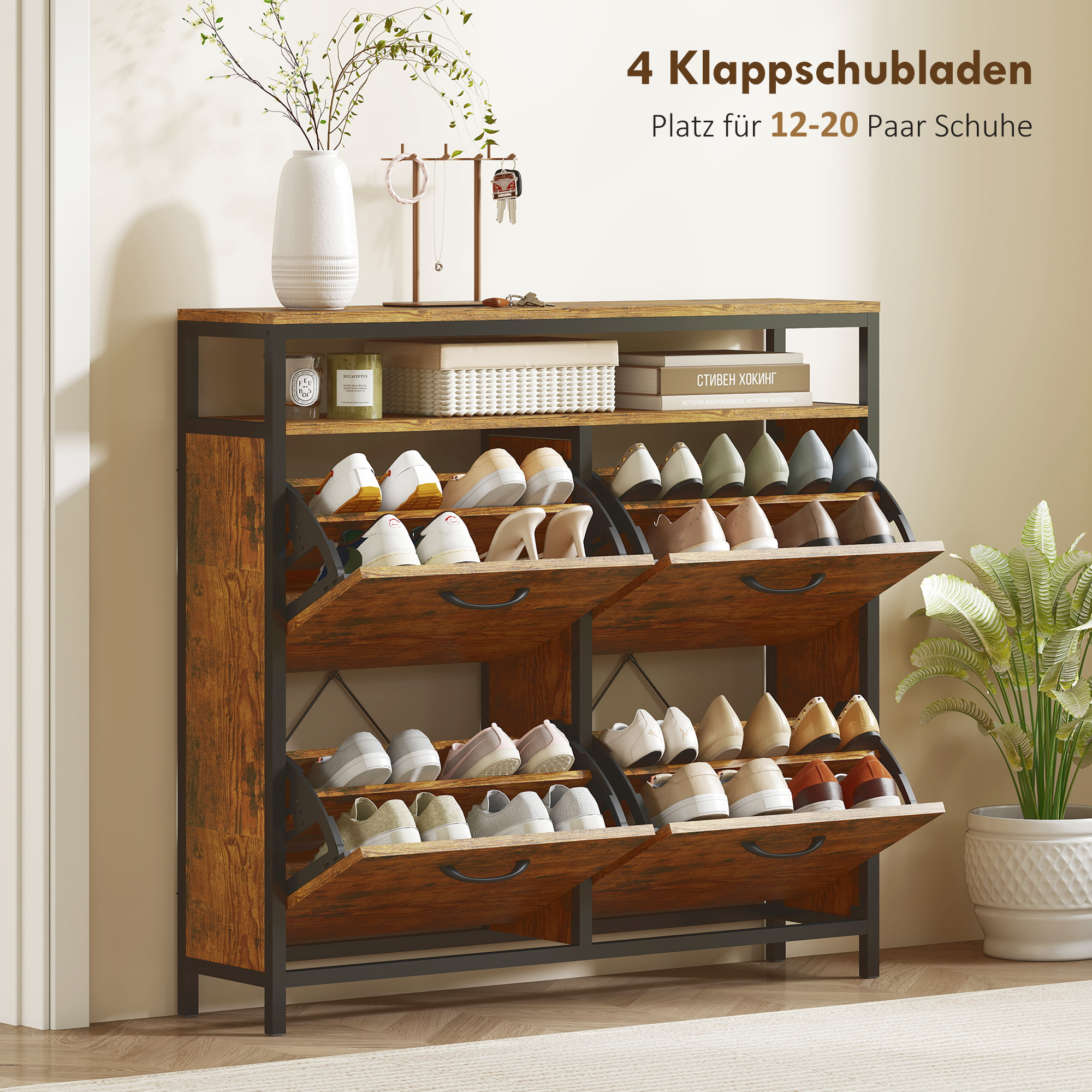 Schuhschrank mit 4 klappbaren Schubladen, schmales Design, offenes Regal, für 12-20 Paar Schuhe, Stahl, Braun