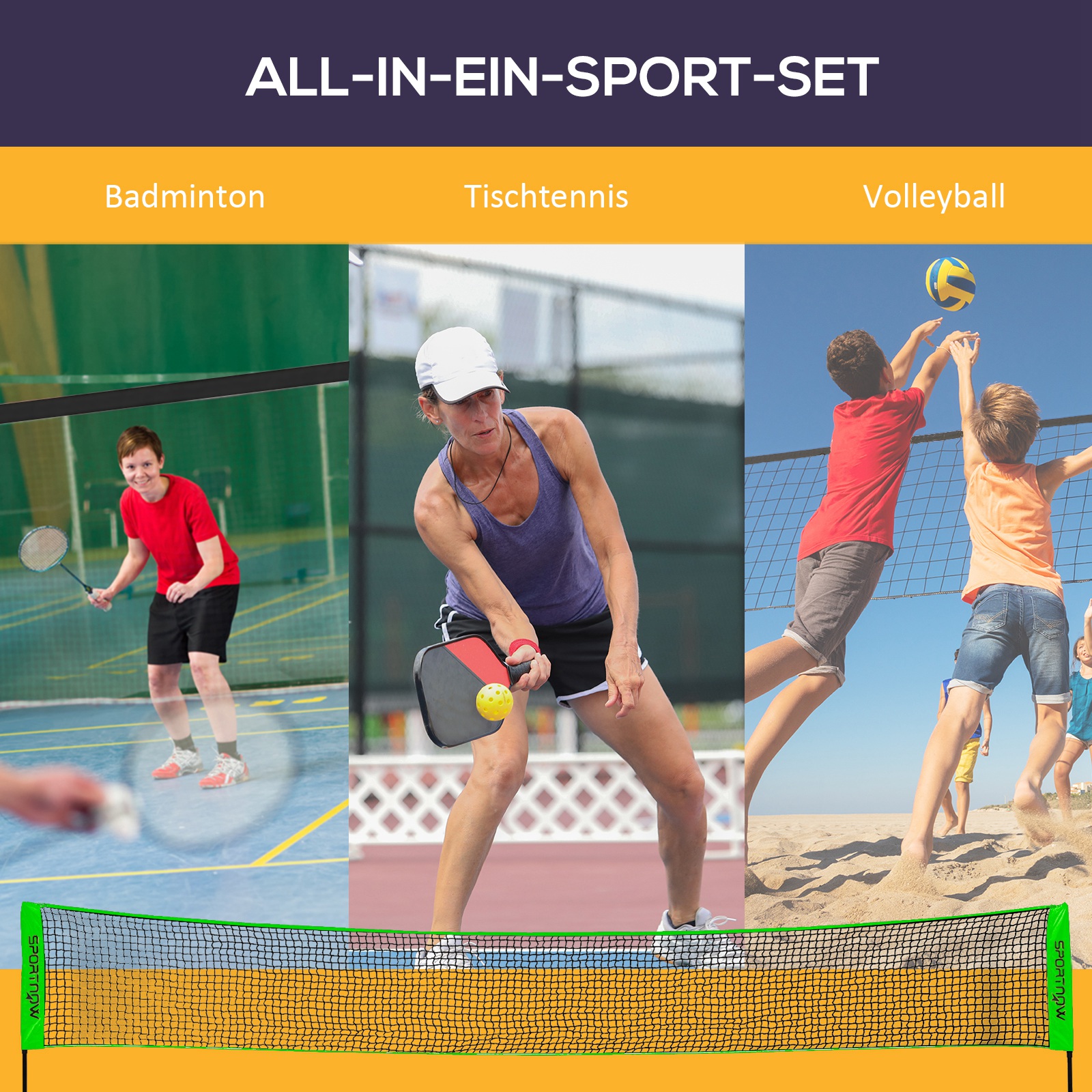 Badminton-Set mit 2 Schlägern, 3 Federbällen, höhenverstellbar 107-155 cm, Schwarz-Grün