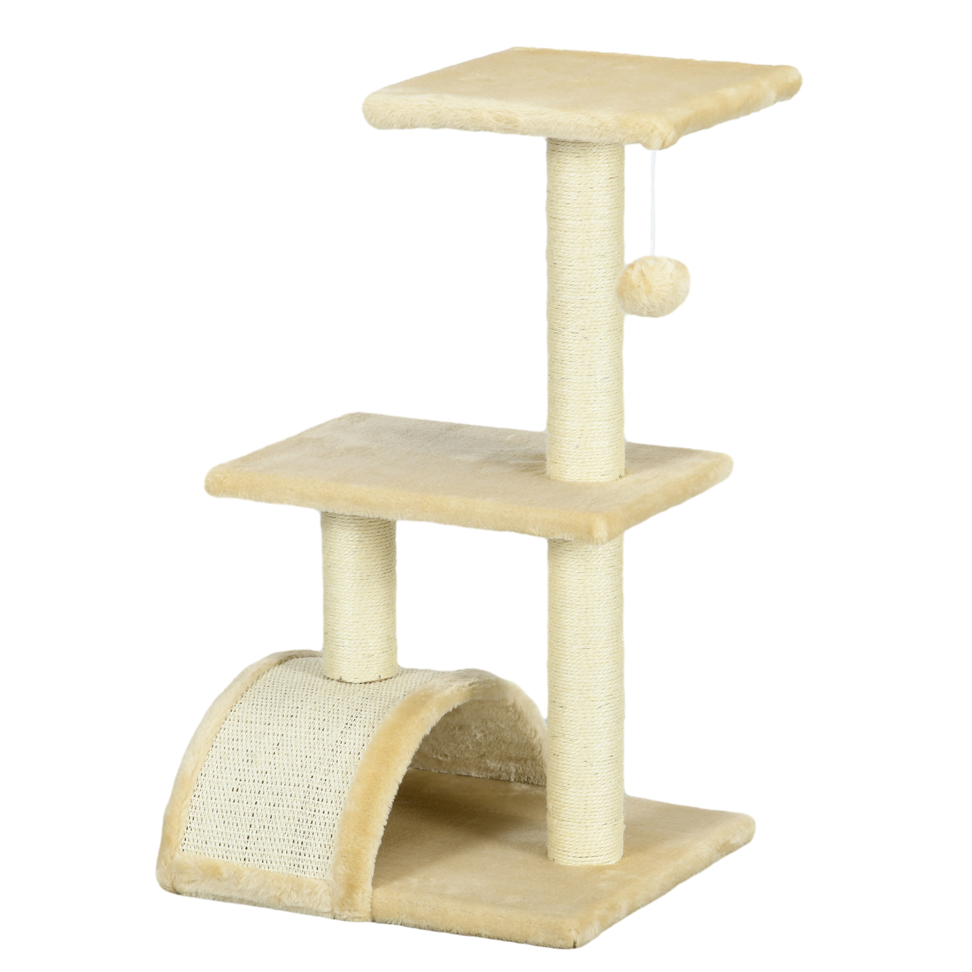 Kratzbaum 72 cm Katzenturm mit Plüschballen, Sisalstämme, Plattform, Kratzbrett Cremeweiß