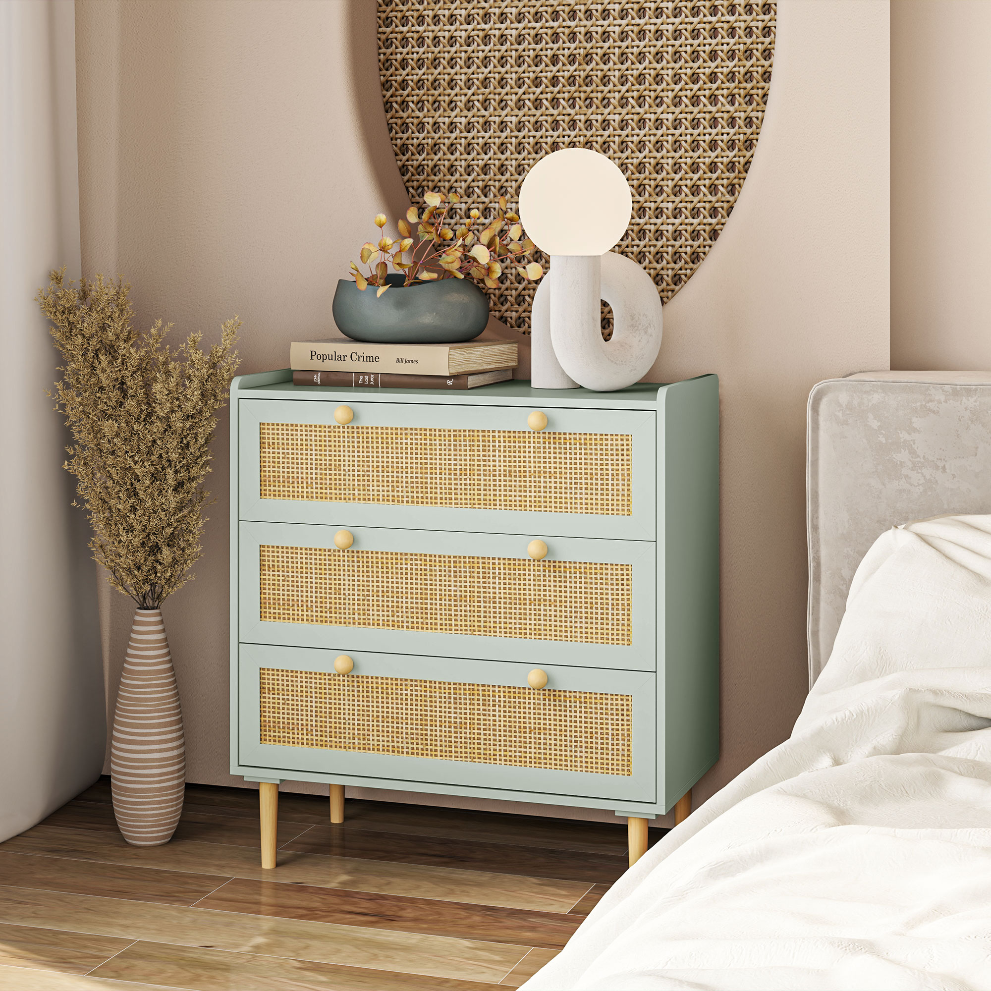 Schlafzimmer-Kommode mit 3 Schubladen, Rattan-Fronten, Kleiderkommode für Flur, Eingangsbereich, MDF, Grün