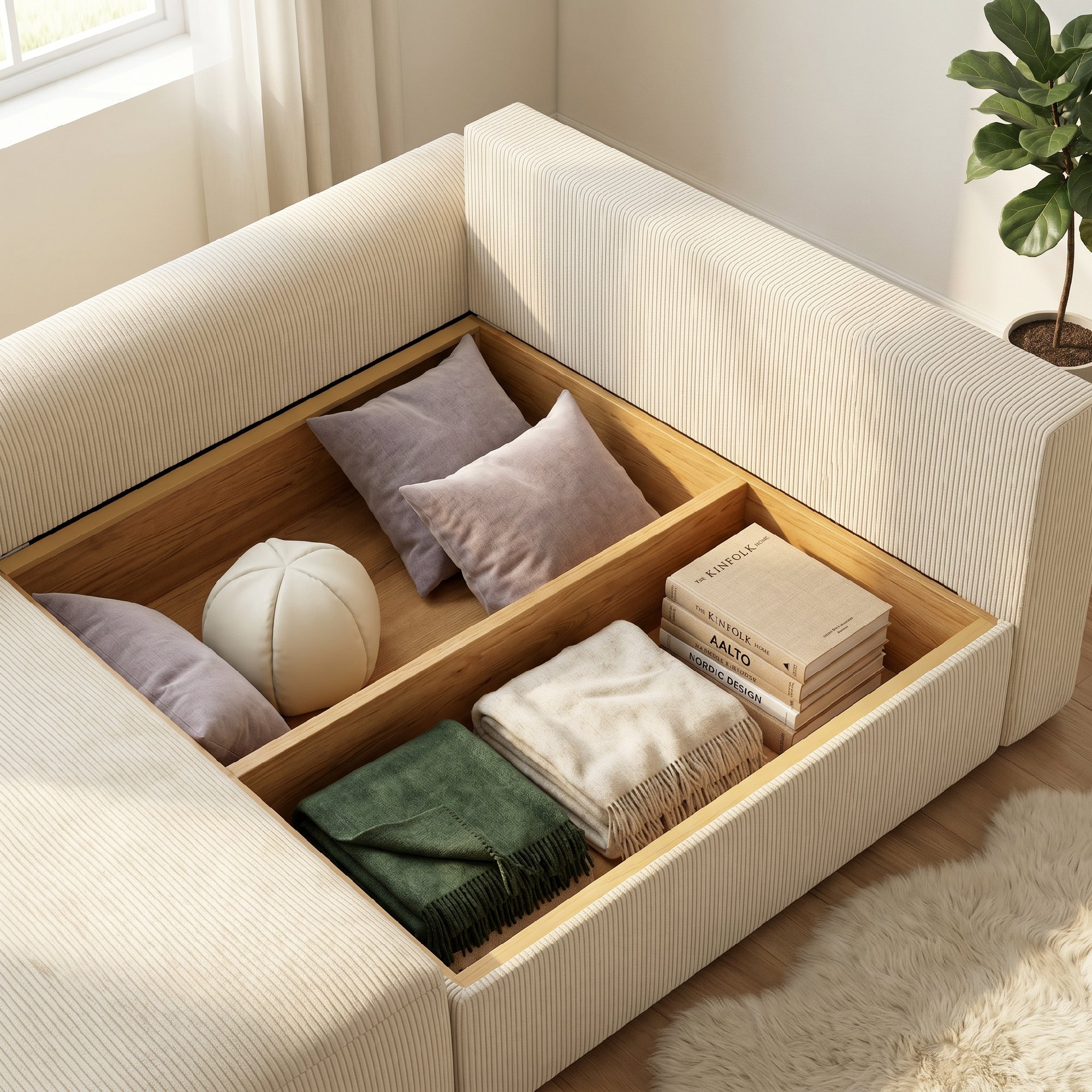 Schlafsofa 190x150cm 3-Sitzer Sofa mit Schlaffunktion, Kissen, Stauraum, Cord-Optik für Wohnzimmer, Beige