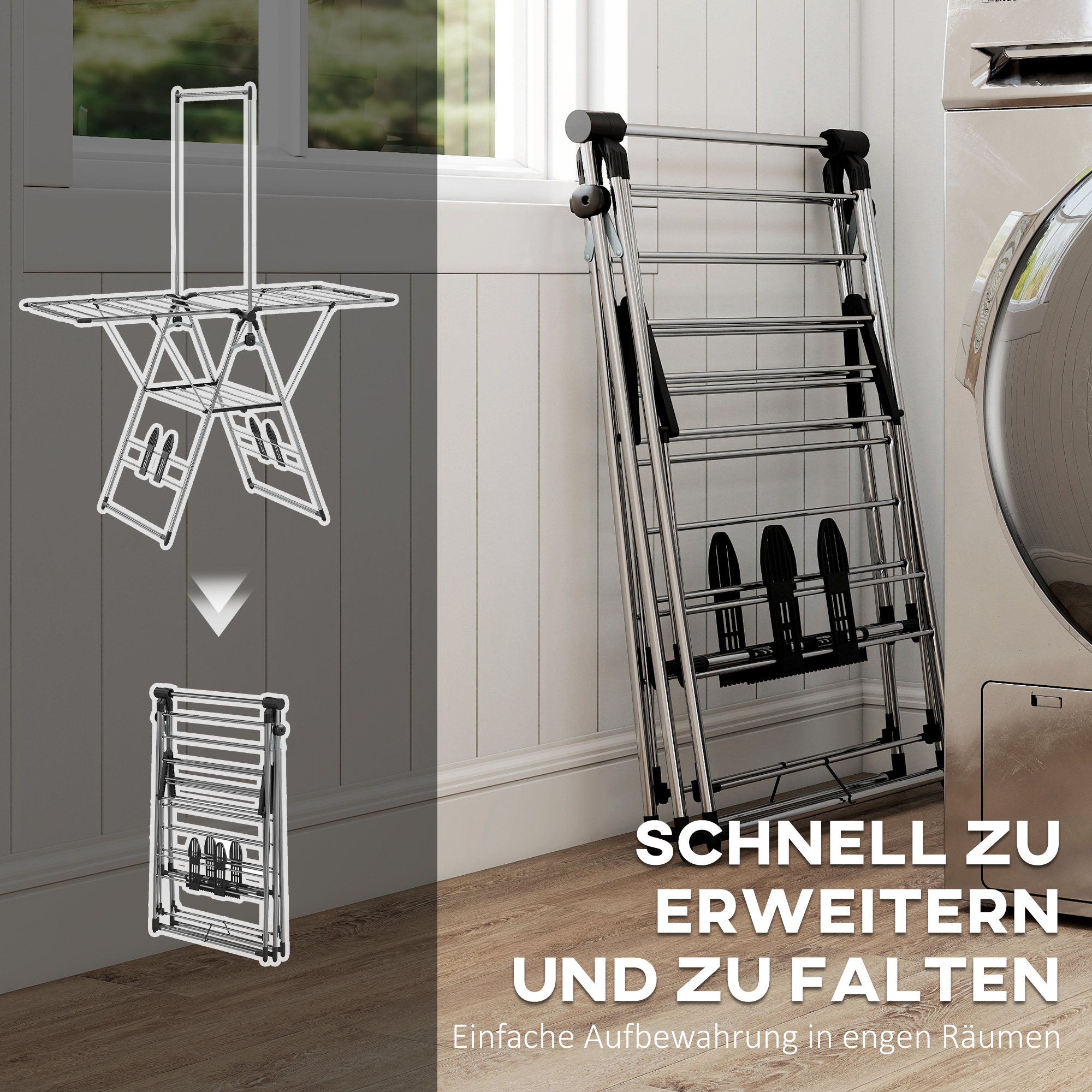 Wäscheständer faltbar Standtrockner mit verstellbare Flügel, Schuhhaltern, Edelstahl, 156,5 x 68 x 192 cm, Silber
