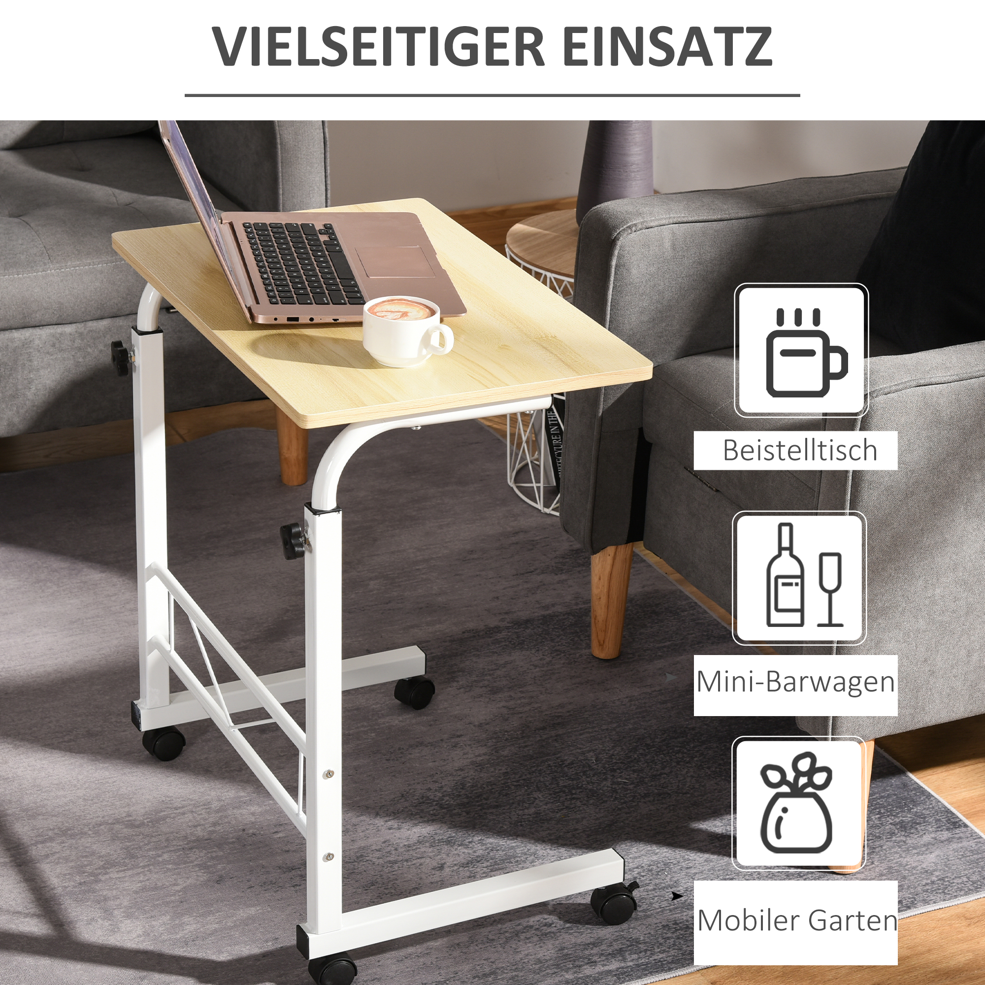 Beistelltisch höhenverstellbarer Couchtisch mobiler Endschreibtisch mit Rädern Feststellbremsen C-Tische Spanplatte Stahl Eisen Kunststoff Weiße Ahornfarbe 60 x 40 x 68-78 cm