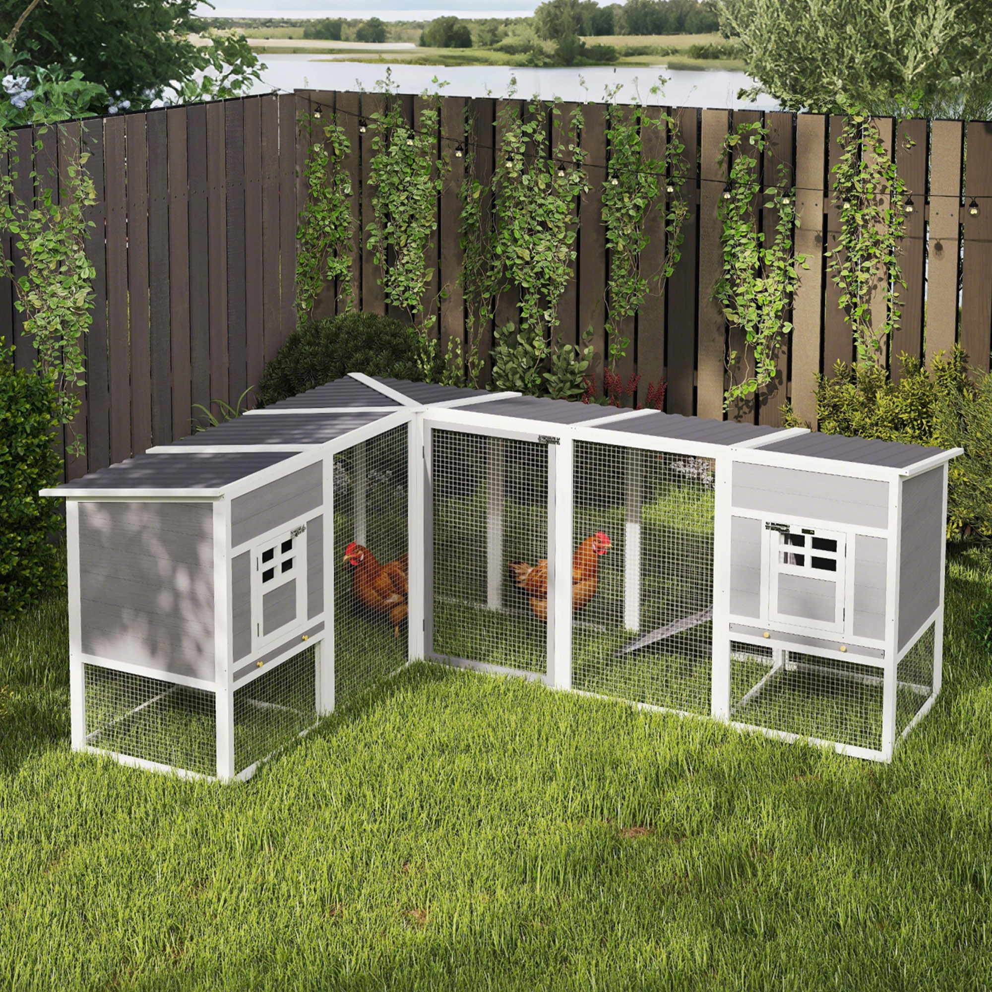 Hühnerstall L-förmiges Hühnerhaus aus Holz mit 2 Häusern, 2 Ebenen, Auslauf, Rampe, 251 x 192 x 103 cm Grau