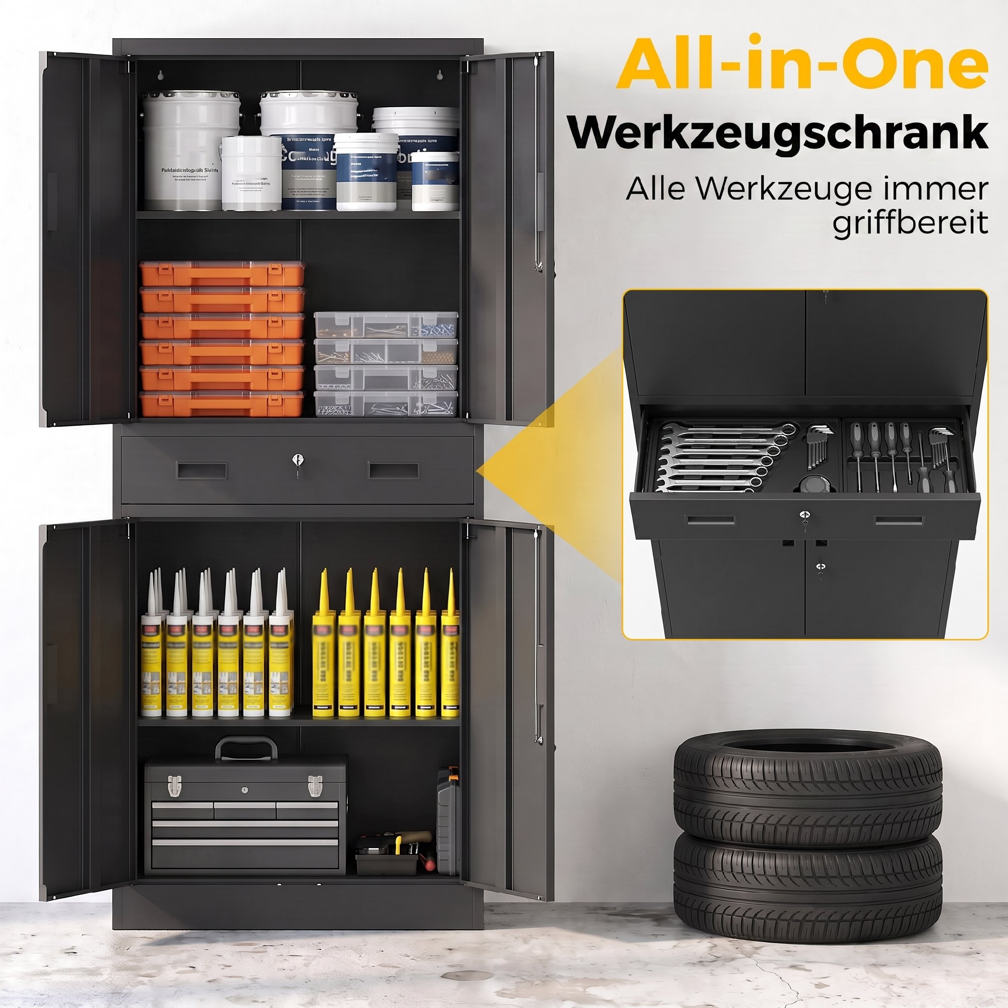Metallschrank 180 cm, Werkzeugschrank mit abschließbaren Türen, Schublade und verstellbaren Böden, Schwarz