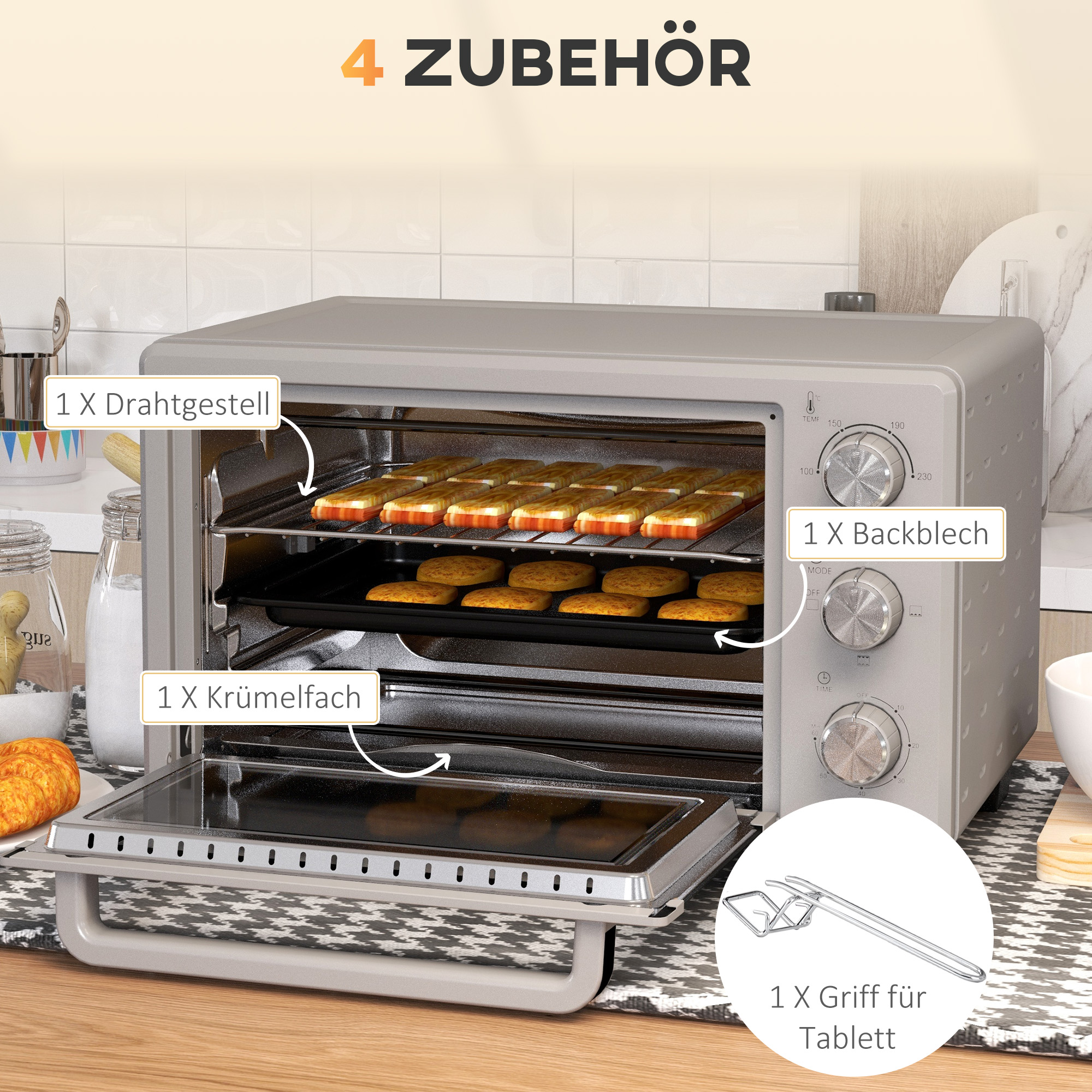 Minibackofen, 21 L Toasterofen mit 1 Drahtgestell und 1 Backblech, 3 Kochmodi, 100 °C-230 °C, Edelstahl, Glas, Silber