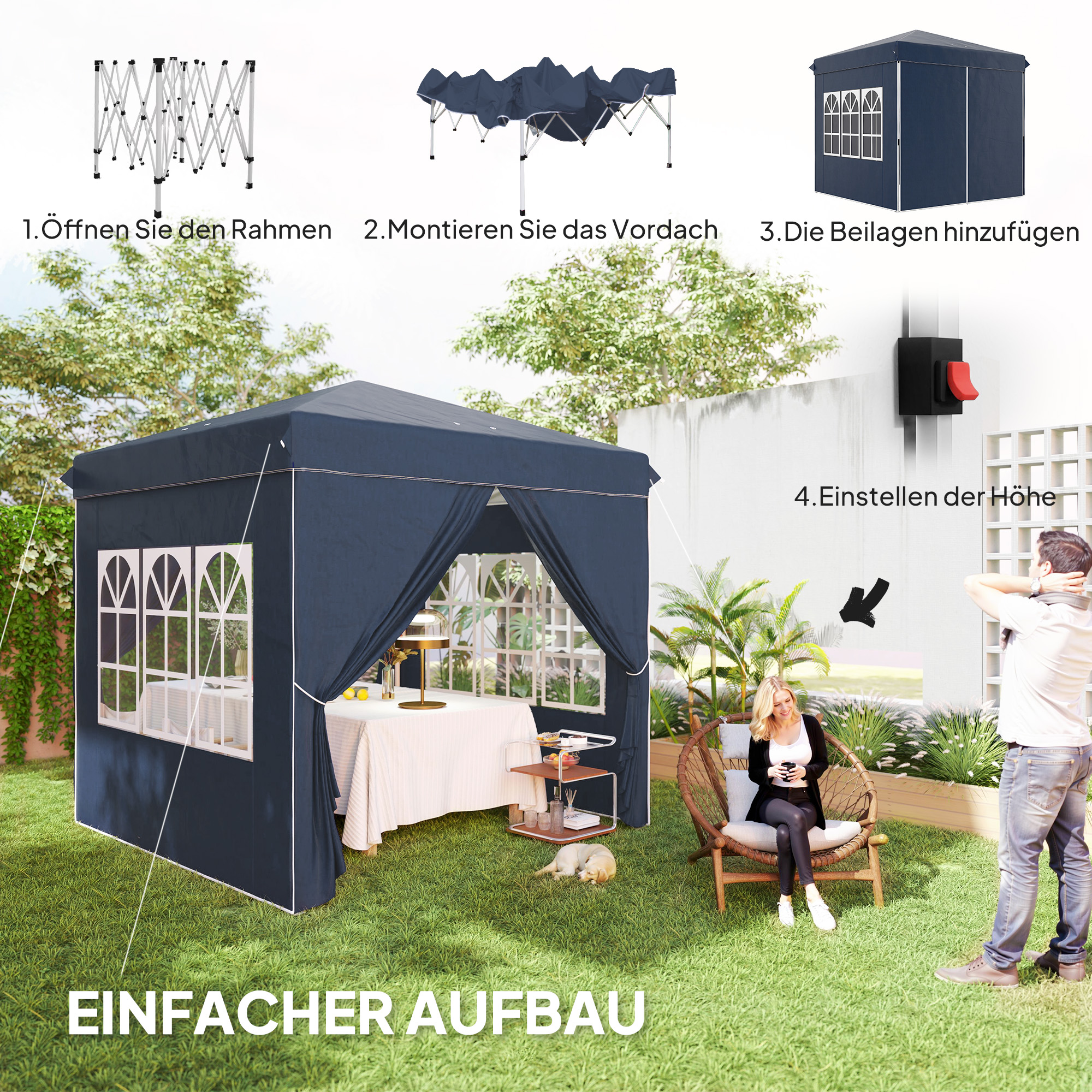 2,5 x 2,5 m Pop-up-Pavillon mit Seitenwänden und Tragetasche, UPF50+ höhenverstellbares Gartenzelt, Dunkelblau
