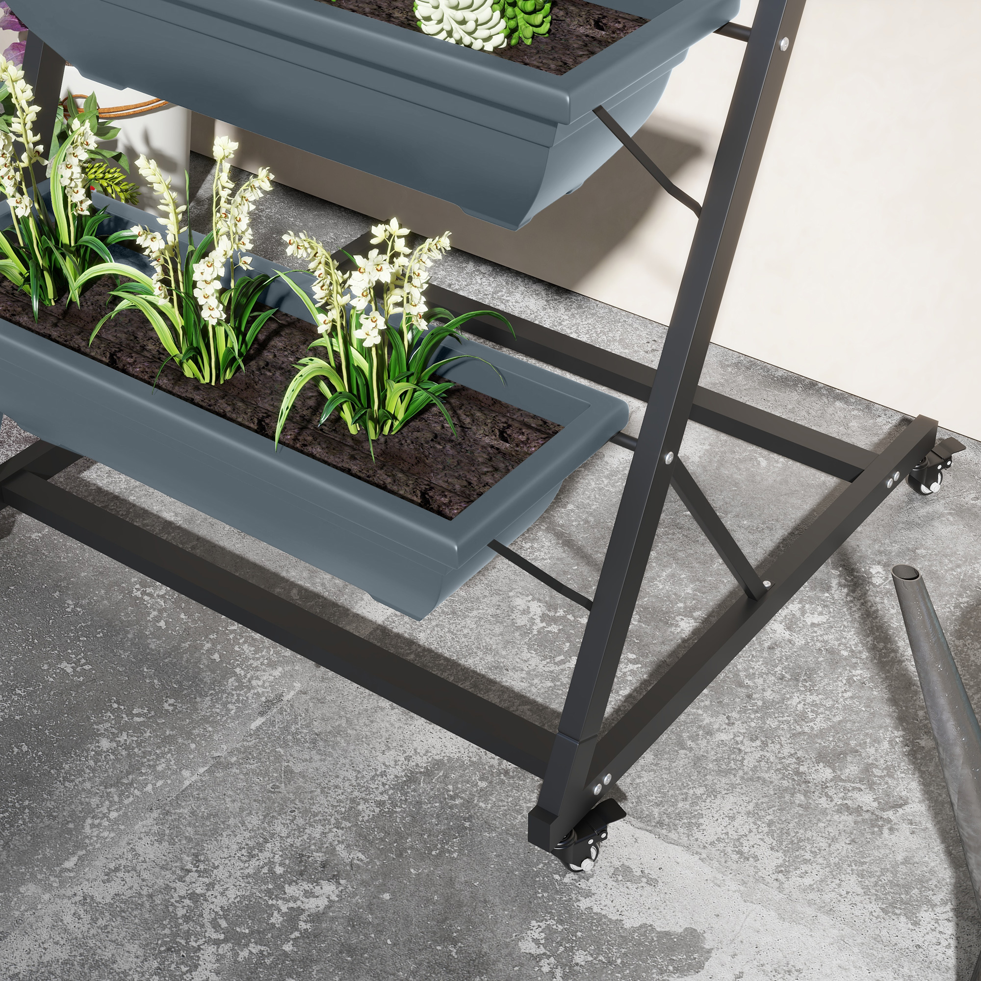 Pflanzentreppe Blumentreppe Pflanzenregal, stapelbar, wetterbeständig, 65 x 67 x 145 cm, Grau + Schwarz