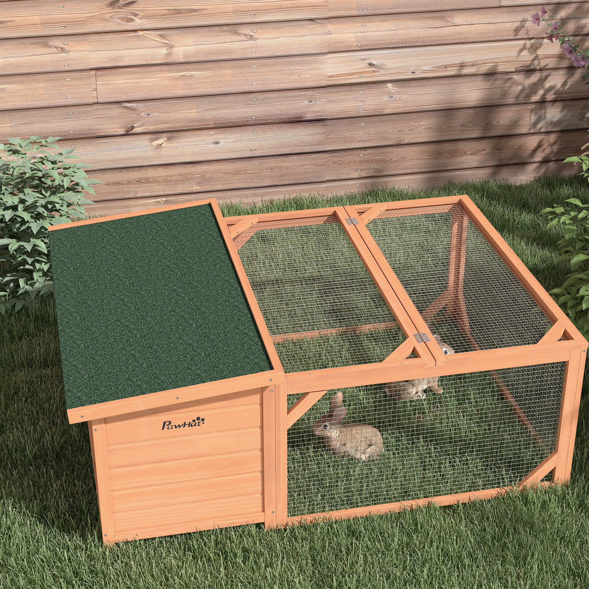 Kleintierstall mit Freigehege, herausnehmbare Bodenwanne, wetterbeständig, 125,5 cm x 100 c x 49 cm Grün + Natur
