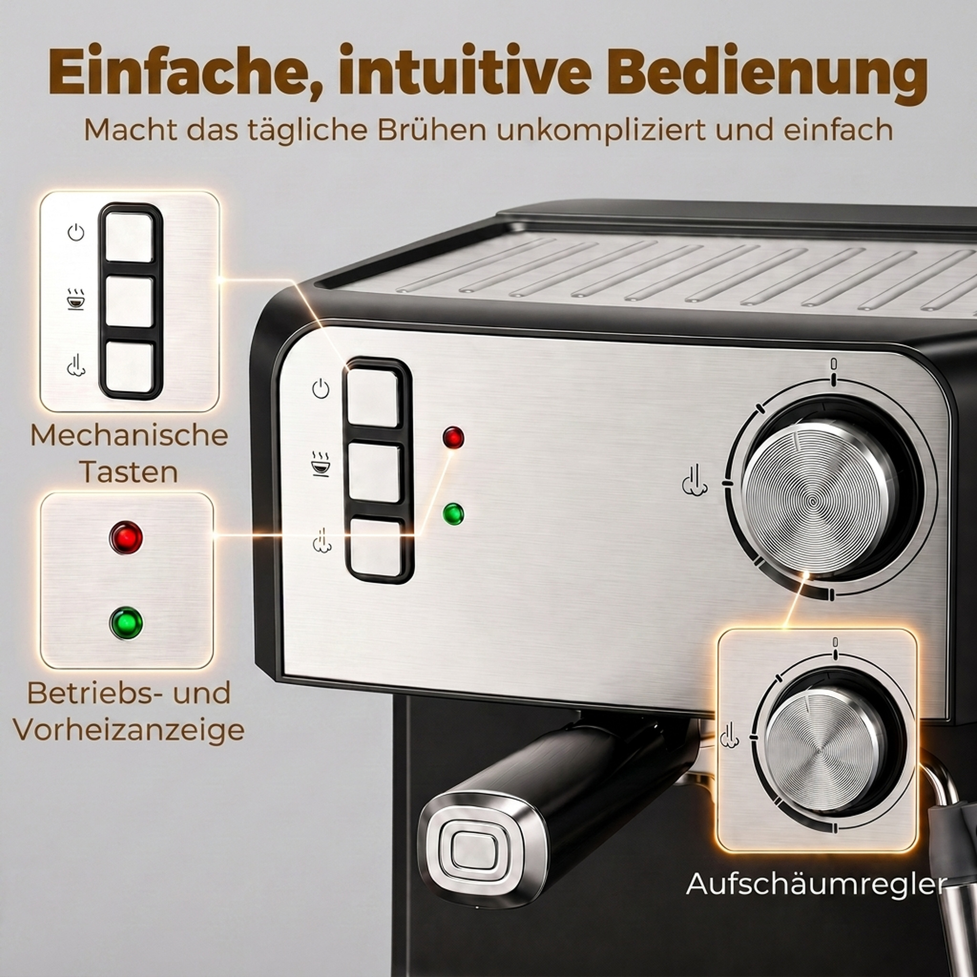 Espressomaschine, 20-Bar-Kaffeemaschine mit Milchaufschäumdüse, 1,6-l-Wassertank, Schwarz