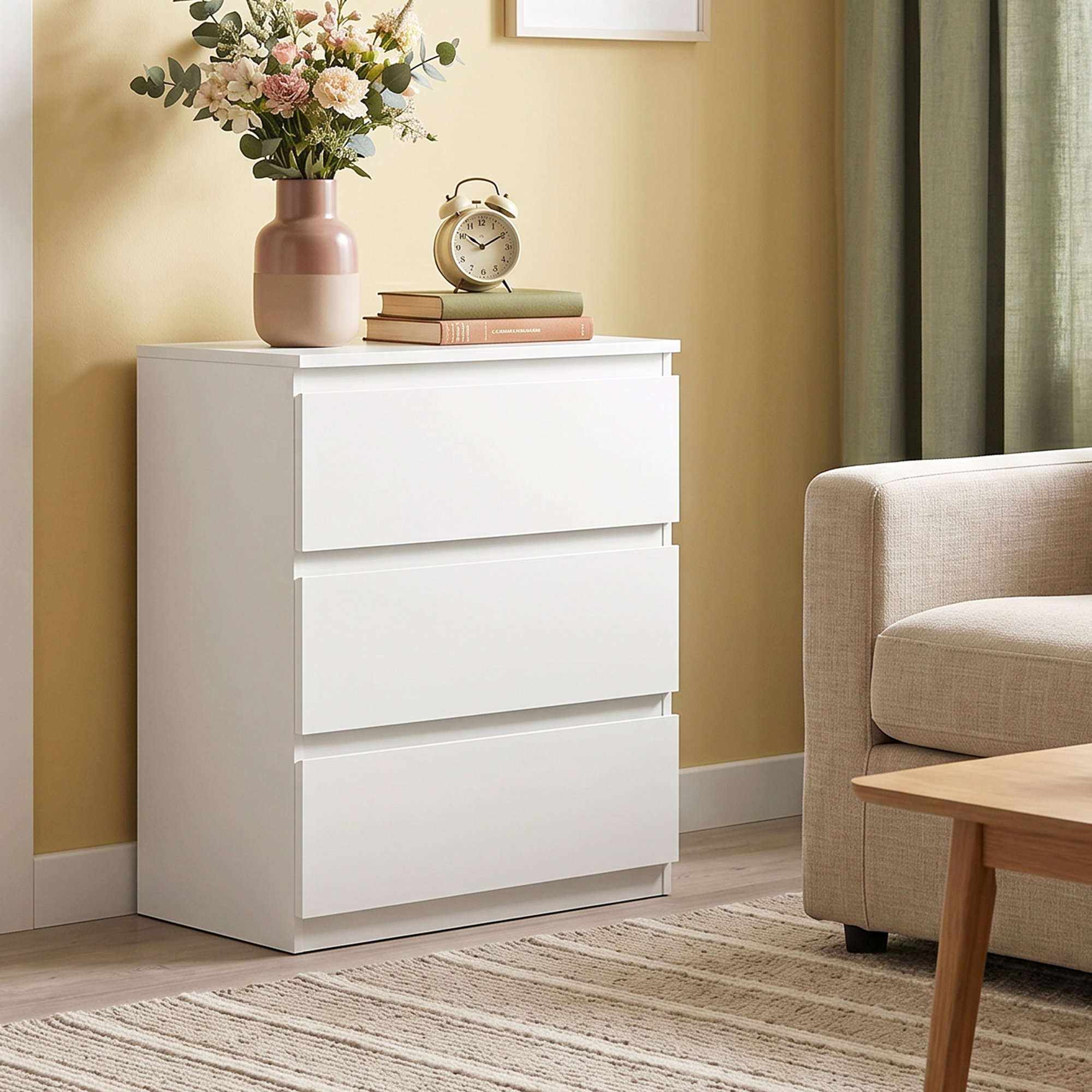 Kommode mit 3 Schubladen, Moderne Aufbewahrungsmöbel für das Schlafzimmer, Weiß