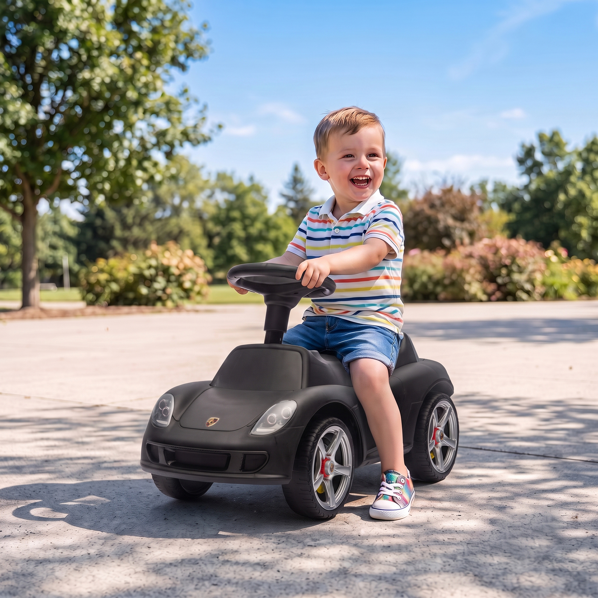 Rutschauto Kinder Porsche Rutschfahrzeug mit Hupe Licht Motorgeräuschen, für 18–36 Monate, Mattschwarz
