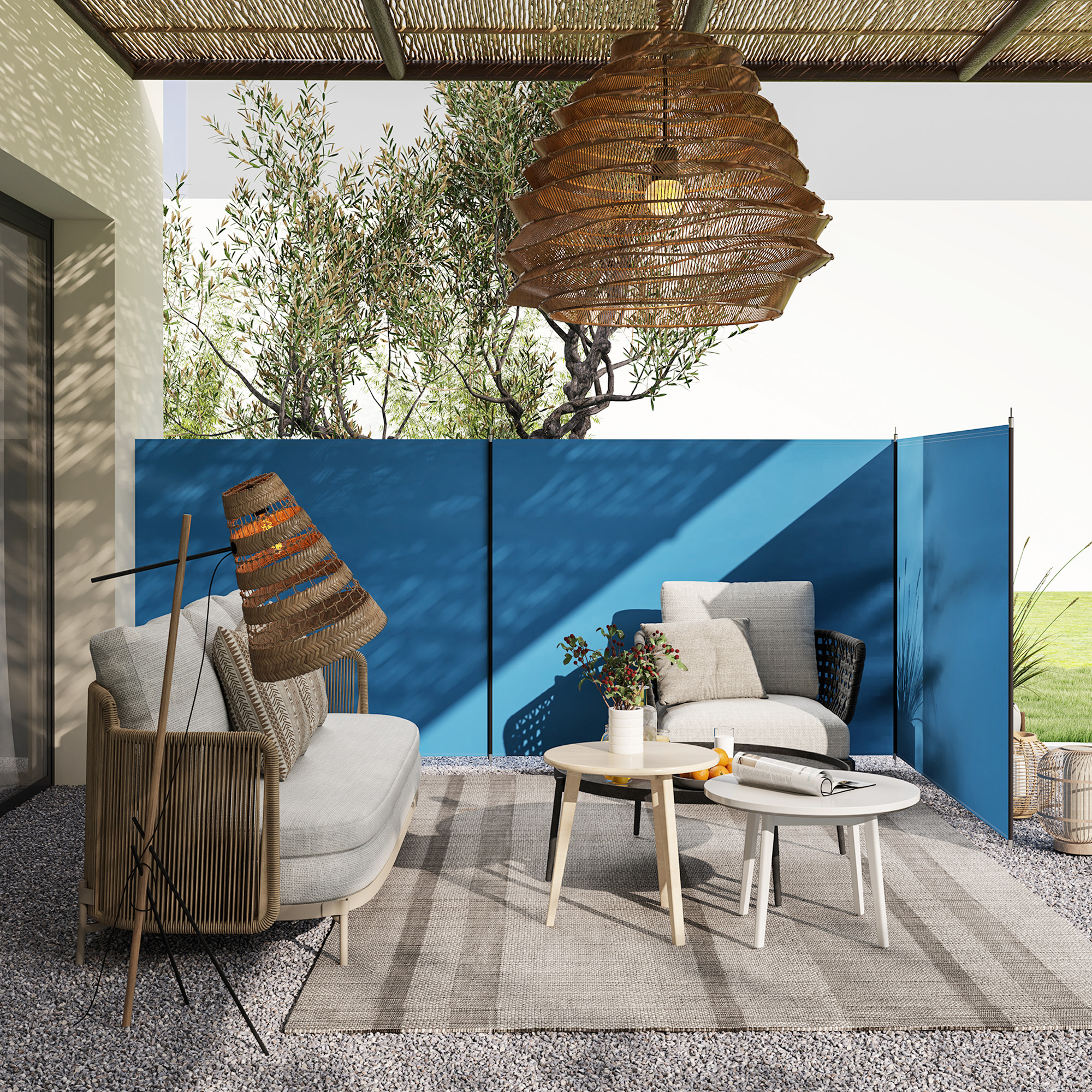 Windschutz Camping Sichtschutz mit 4 Stahlstangen Tragetasche Strandschutz für Camping Garten Strand 540 x 150 cm Blau