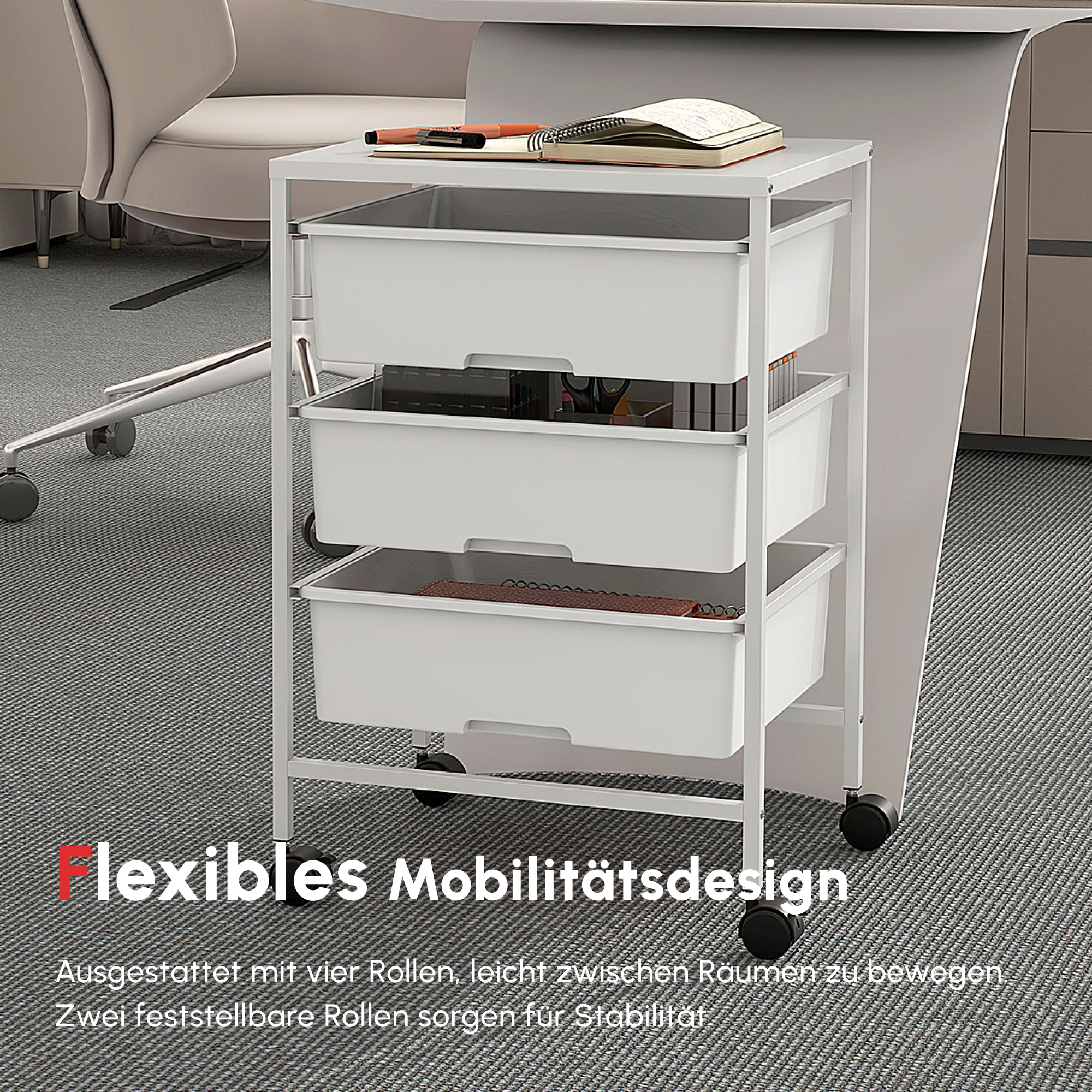 Beistellwagen mit Rädern, 3 Körbe für Transport und Aufbewahrung, Küchenwagen, 40,8L x 33,5B x 60,5H cm, Weiß