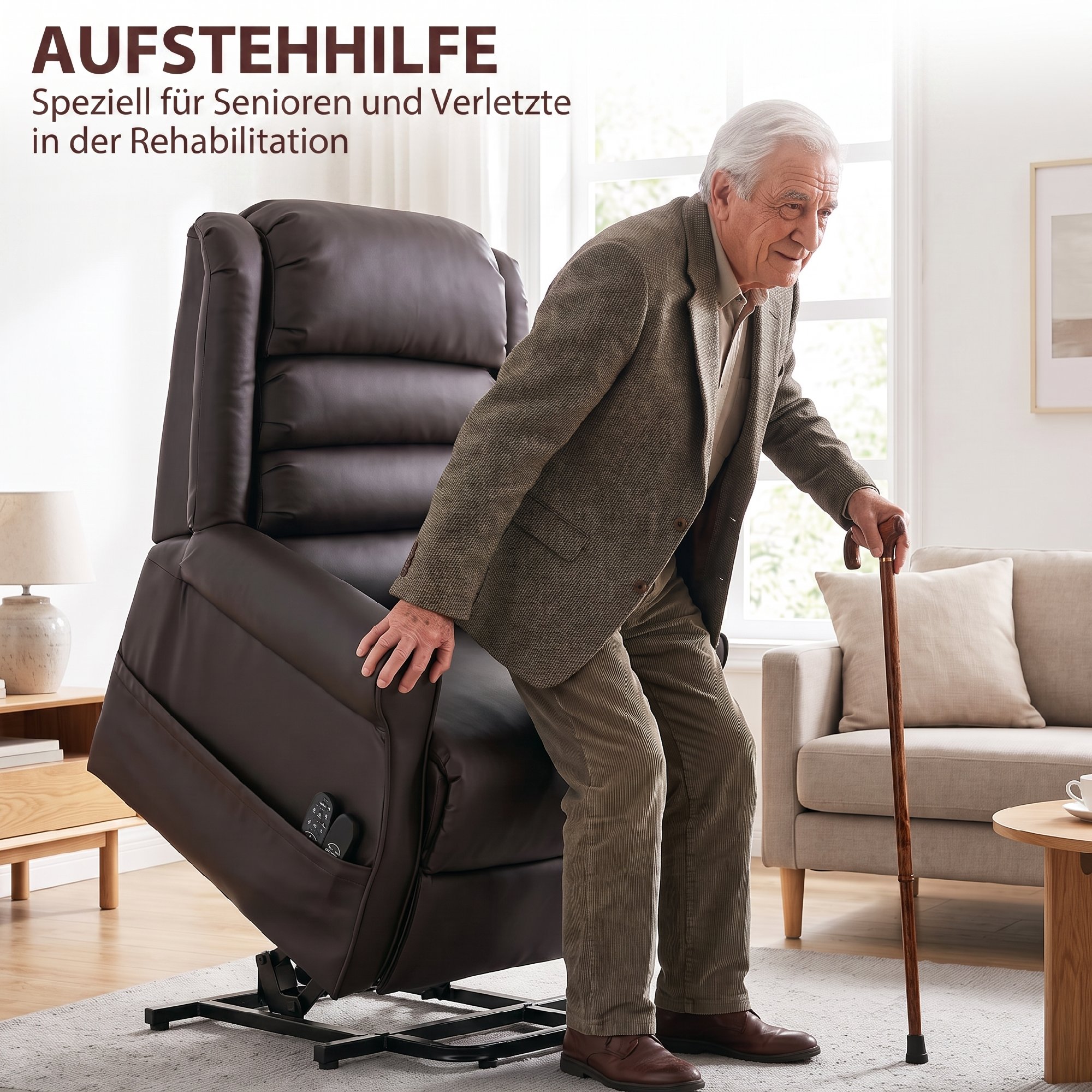 Elektrischer Aufstehsessel mit Vibrationsmassage und Wärmefunktion, Senioren-Sessel aus braunem PU-Leder