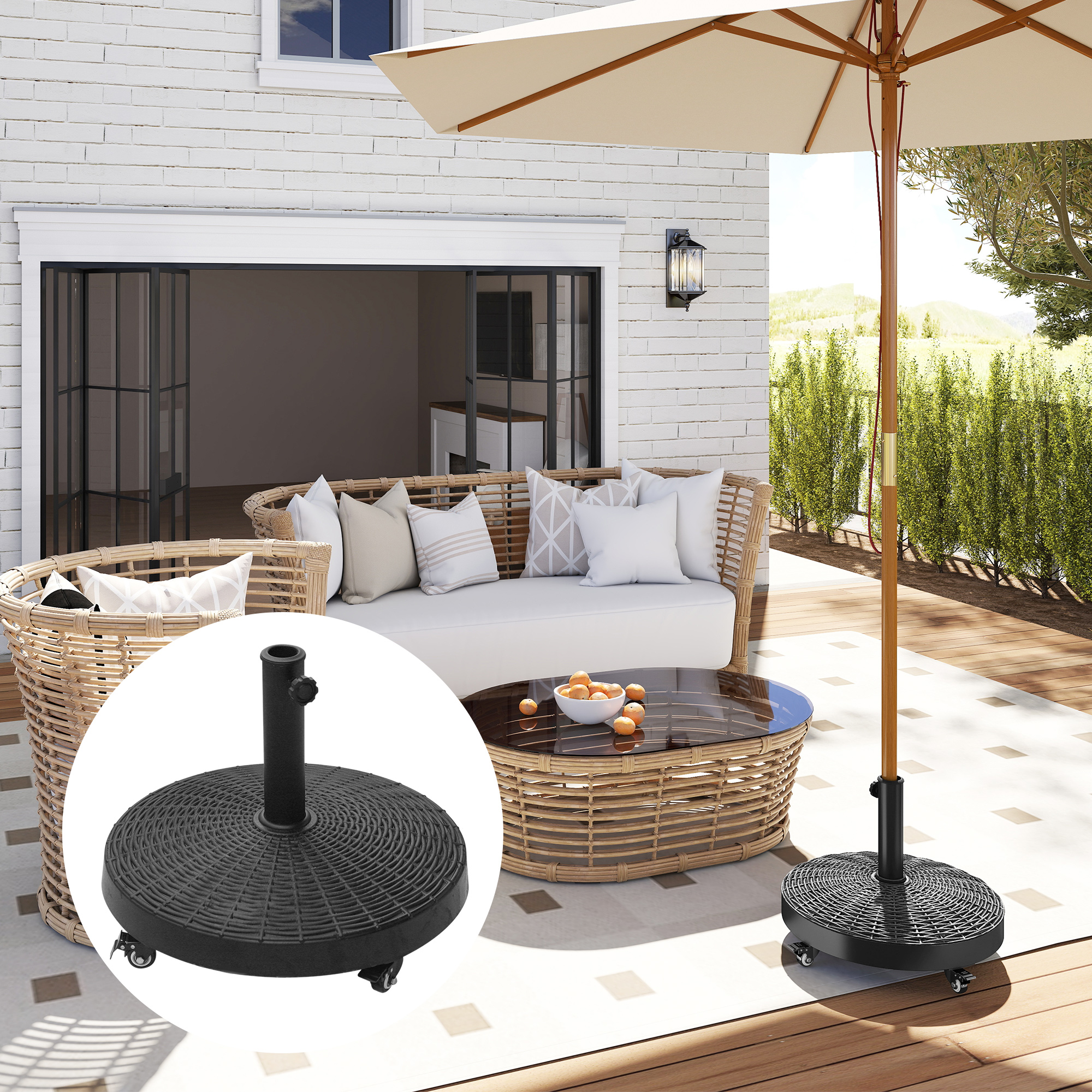 Sonnenschirmständer 25kg Schirmständer mit Rollen rund Rattanoptik Ständer für Schirmstangen mit Ø38/48 mm Ständer für Garten, Balkon, Schwarz