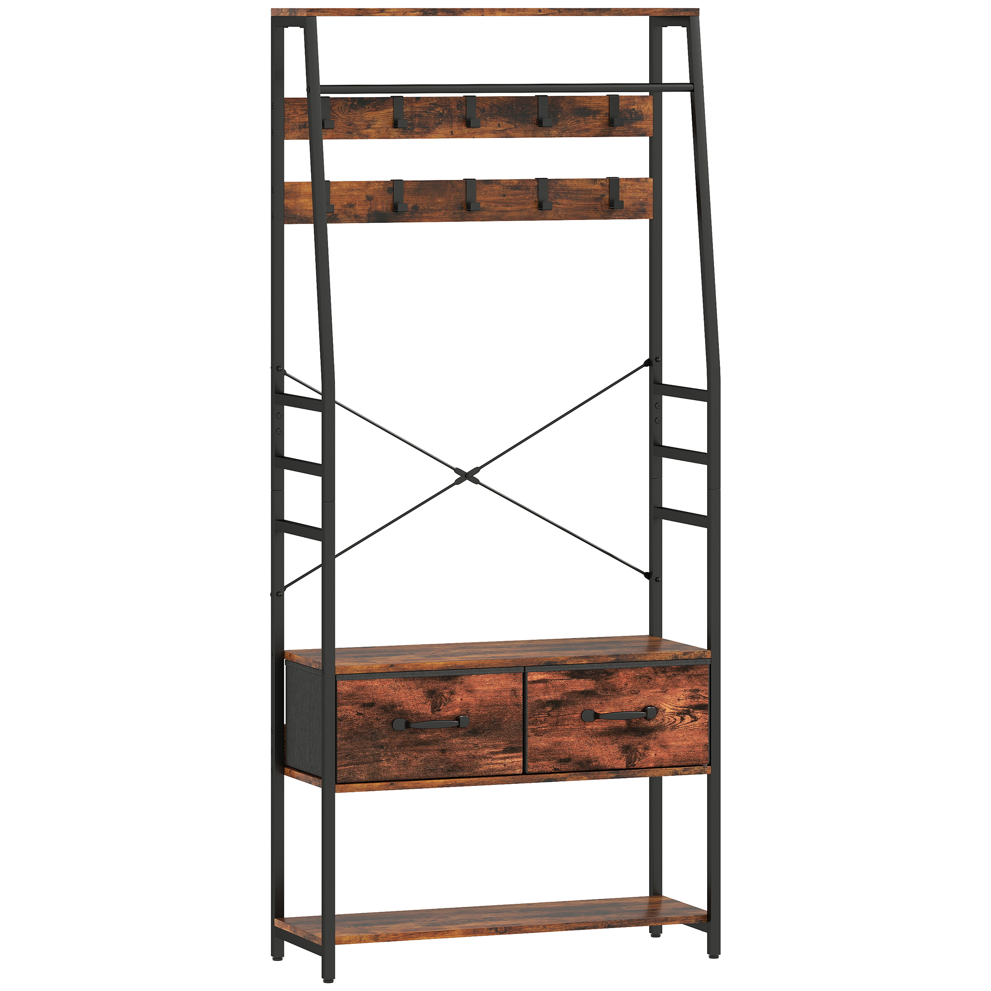 Garderobe mit Schuhregal, Mantelständer mit Sitzbank, 10 Haken, 2 Stoffschubladen, Kleiderstange, Spanplatte, Metall, Braun