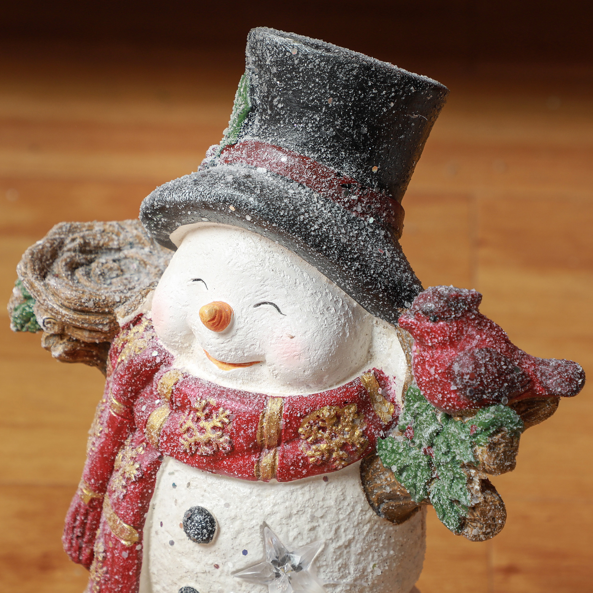 Weihnachtsdeko, Schneemann mit Vogel, 4 warmweiße LEDs, batteriebetrieben, 25 x 15,5 x 38 cm