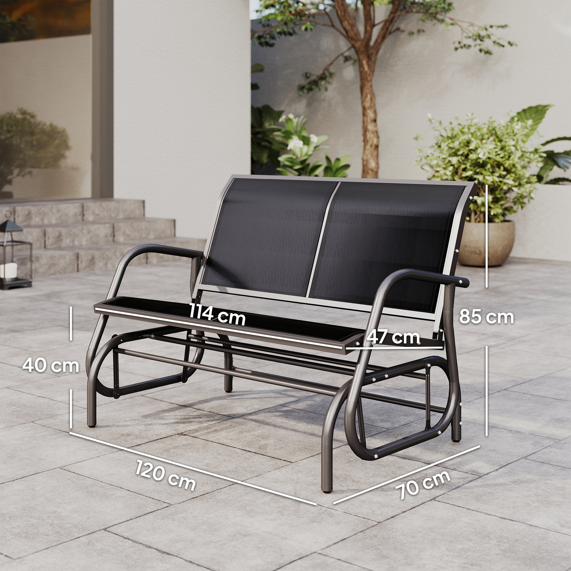 2-Sitzer Schaukelstuhl Gartenbank mit Schaukelmechanismus bis 200 kg belastbar 120 x 70 x 85 cm Schwarz
