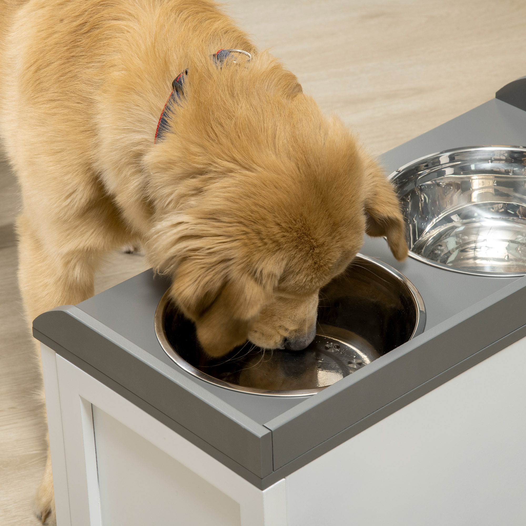 Futterstation, 2 Fressnäpfe je 2 Liter, Edelstahl, mit Schublade, für große Hunde, weiß+grau, 60 x 30 x 36 cm