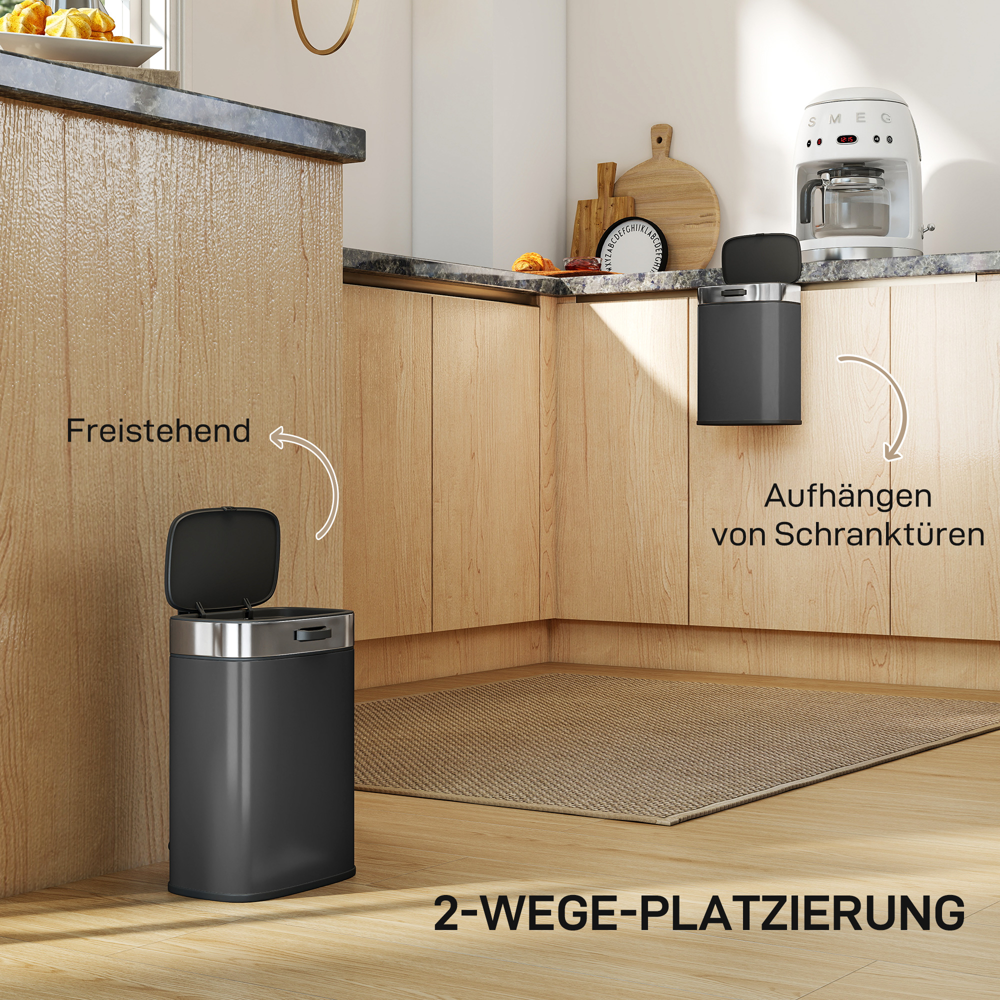 Mülleimer, Edelstahl Küchenmülleimer mit offen bleibendem Deckel, herausnehmbarer Inneneimer, 21,5x19,5x30 cm, Schwarz