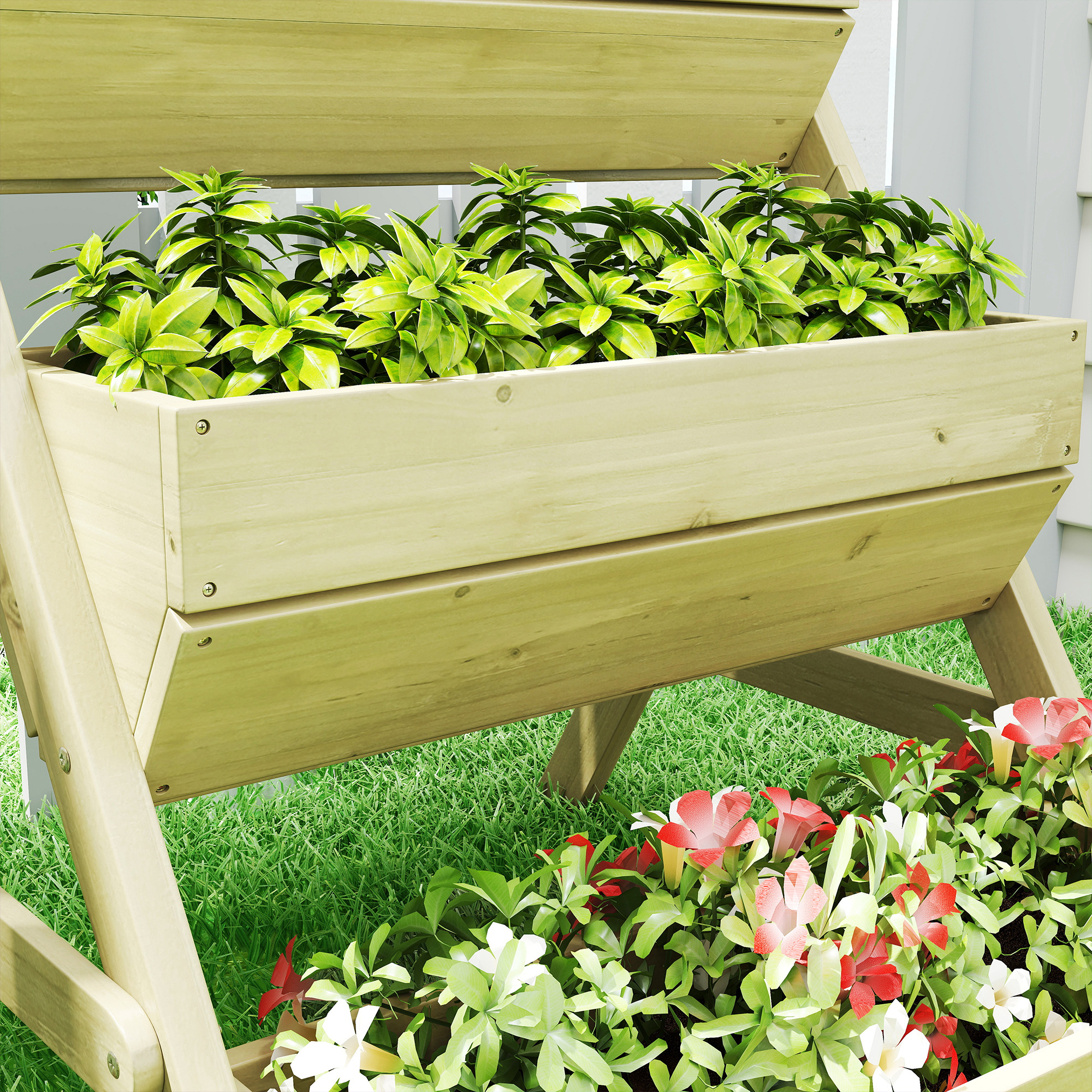 Vertikales Hochbeet mit 3 Etagen Vertikalbeet aus Holz Blumenkasten mit 3 Pflanzkästen Ablauflöchern Grün