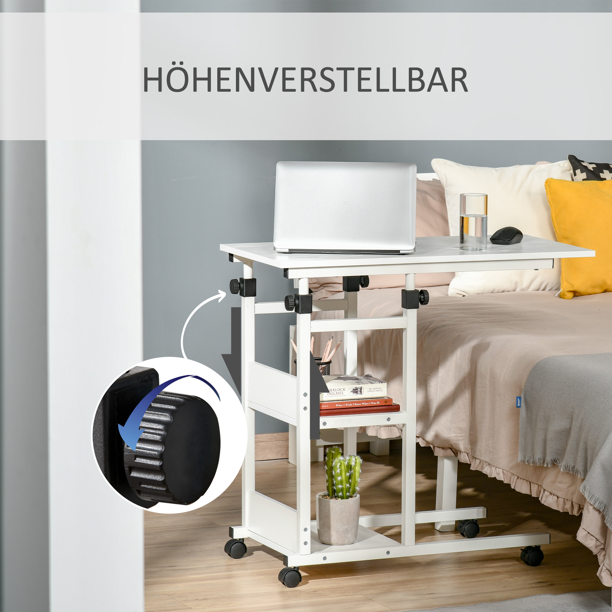 Beistelltisch mit Rollen, höhenverstellbar, kompakt, 2 Ablageböden, Metallrahmen, 80x40x72-82 cm, Weiß