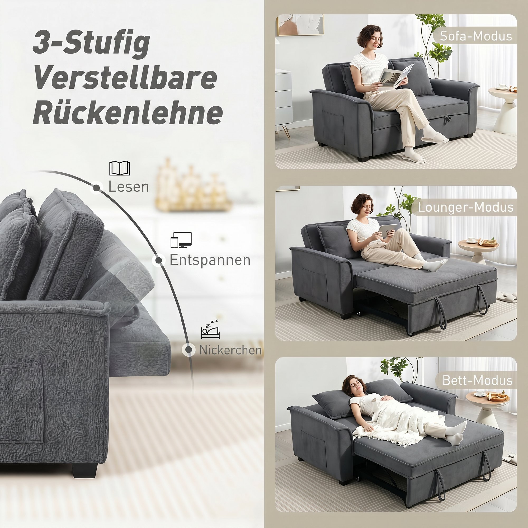 Futon-Schlafsofa, verstellbare Rückenlehne, 2-Sitzer mit 2 Kissen, Dunkelgrau