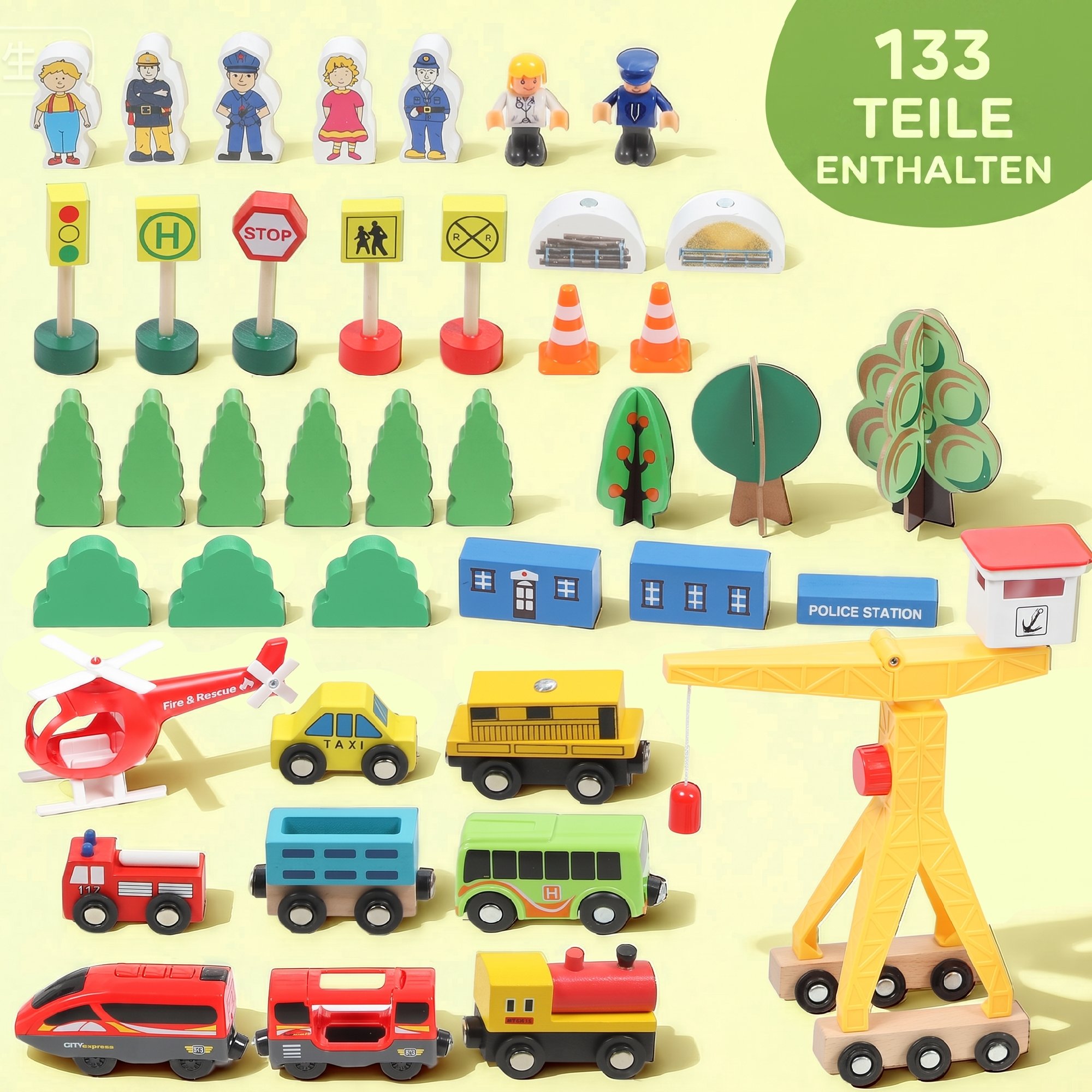 Holzeisenbahn Set 133 Stück Eisenbahn Set mit Elektrische Lok Zügen Grundplatte, Schienen Kran Brücke Kleinkinder ab 3