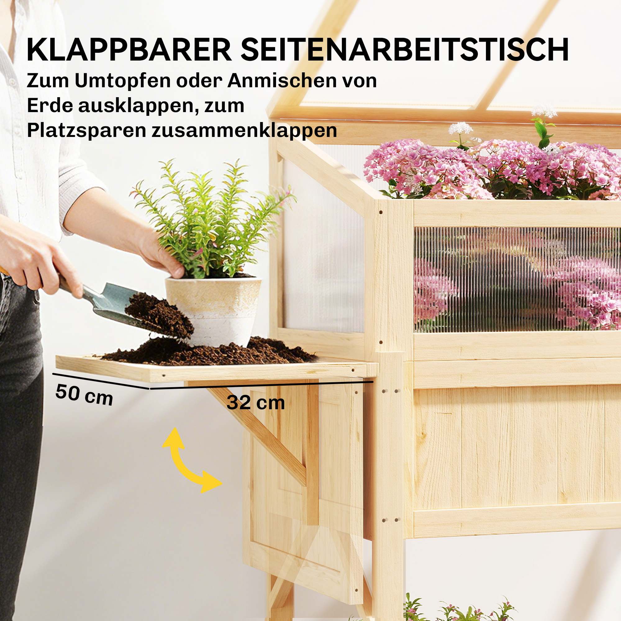 Hochbeet mit Frühbeetaufsatz aus Holz Pflanzkasten mit Gewächshaus klappbar Seitentisch Ablagefach Naturholz