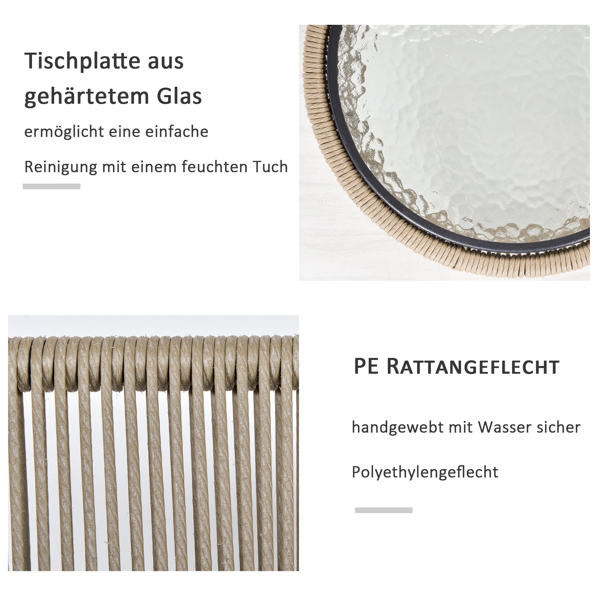 3-teilige Sitzgruppe, 2 Stühle, Beistelltisch, Sitz- & Rückenkissen, Hartglas-Tischplatte, Kunstrattan, Grau