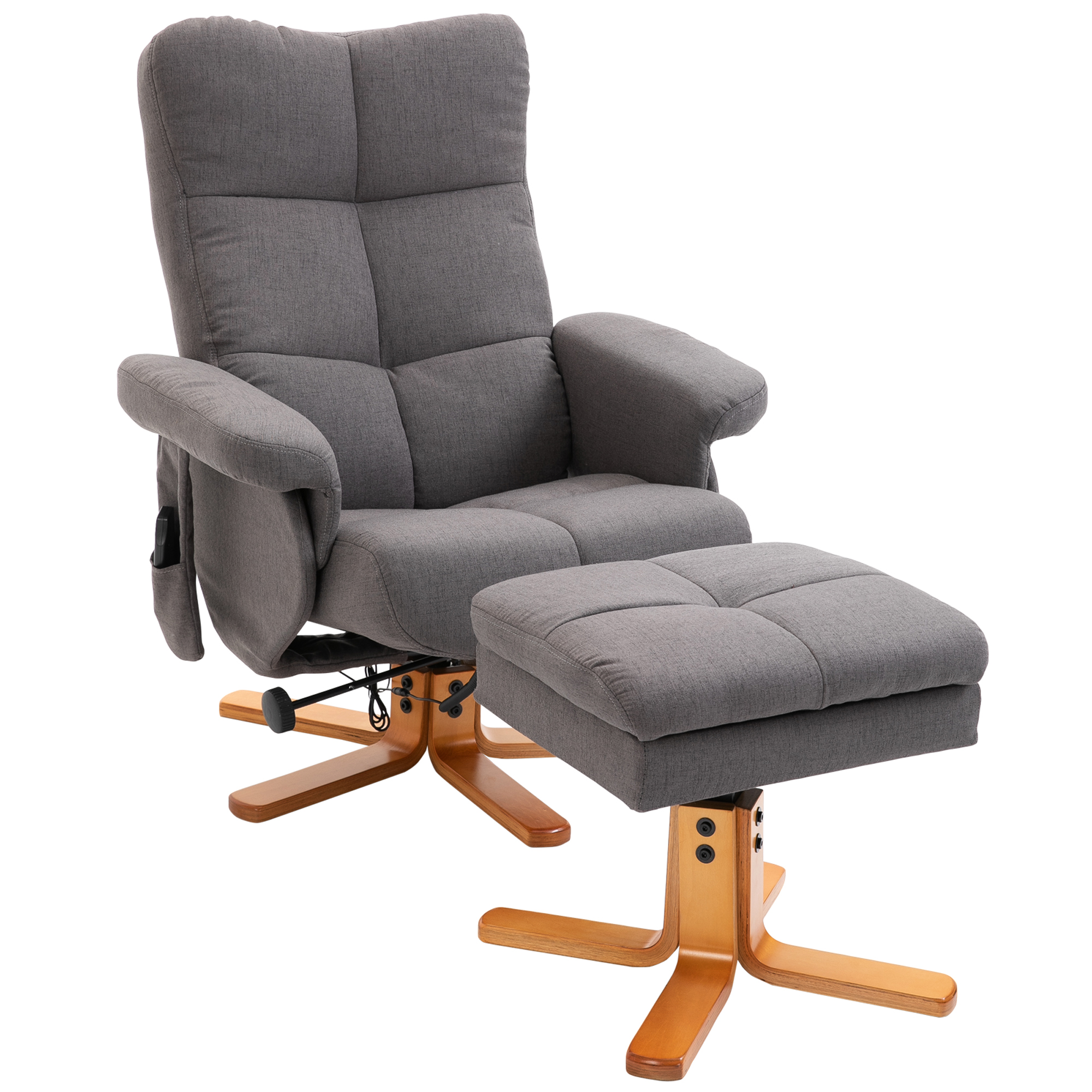 Relaxsessel mit Fußhocker, Stauraum, Elektrischer Massagesessel mit Liegefunktion, Drehbarer Fernsehsessel mit Seitentasche, Fernbedienung, Holzrahmen, Polyester, Dunkelgrau