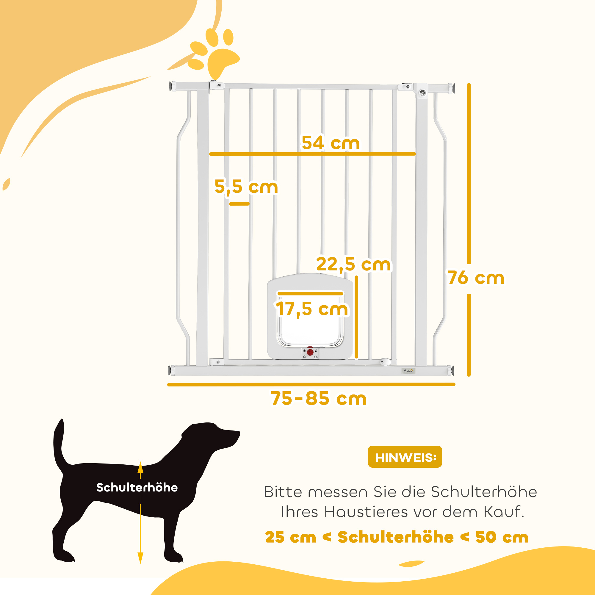 Treppenschutzgitter Türschutzgitter mit Katzenklappe ohne Bohren 75-85 cm aus Stahl für Hunde, Treppen, Tür, Weiß