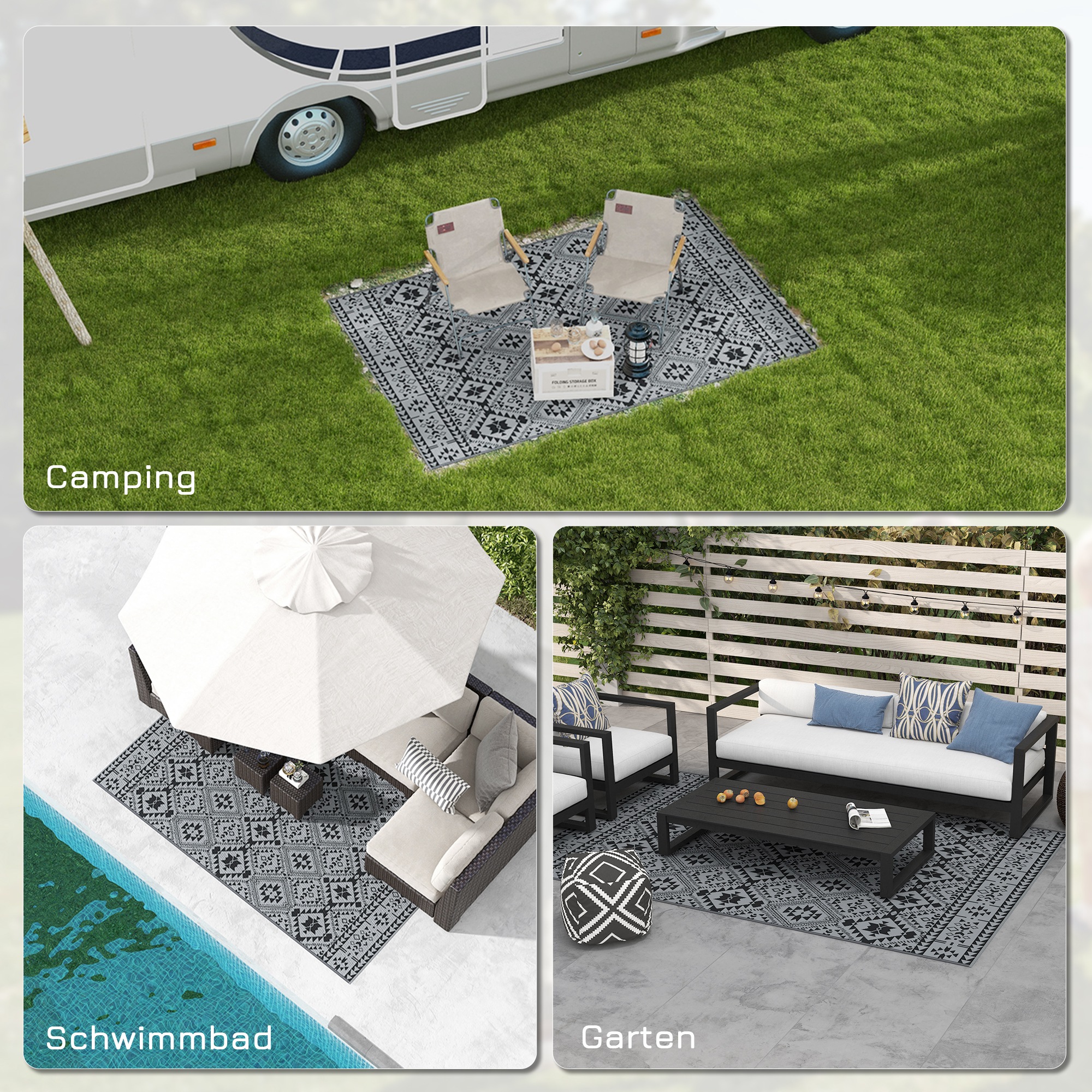 Outdoor Wendeteppich, wasserfest, geometrisch, 182x274cm, Schwarz/Grau