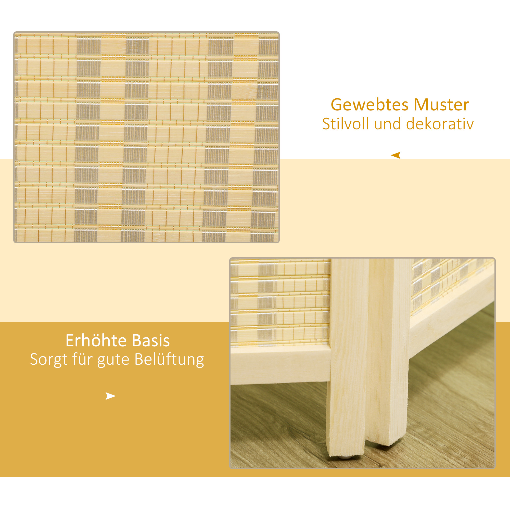 4-teiliger Raumteiler, 180 x 180 cm, Faltbarer Sichtschutz aus Bambus und Baumwolle für Wohnzimmer, Schlafzimmer, Natur