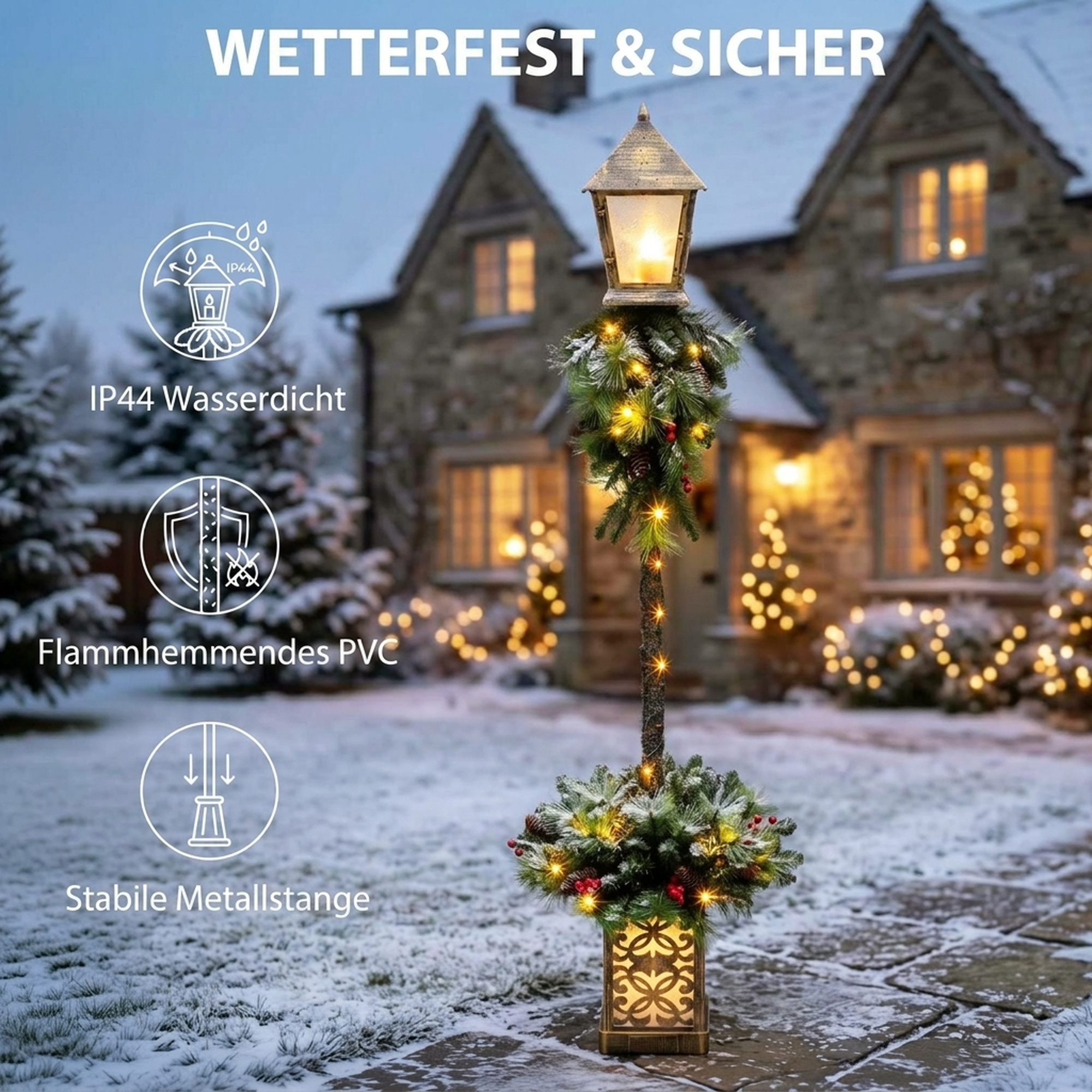 Weihnachts-Straßenlaterne mit 50 warmweißen LEDs, Außenlaterne mit 159 PVC-Zweigspitzen und roten Beeren