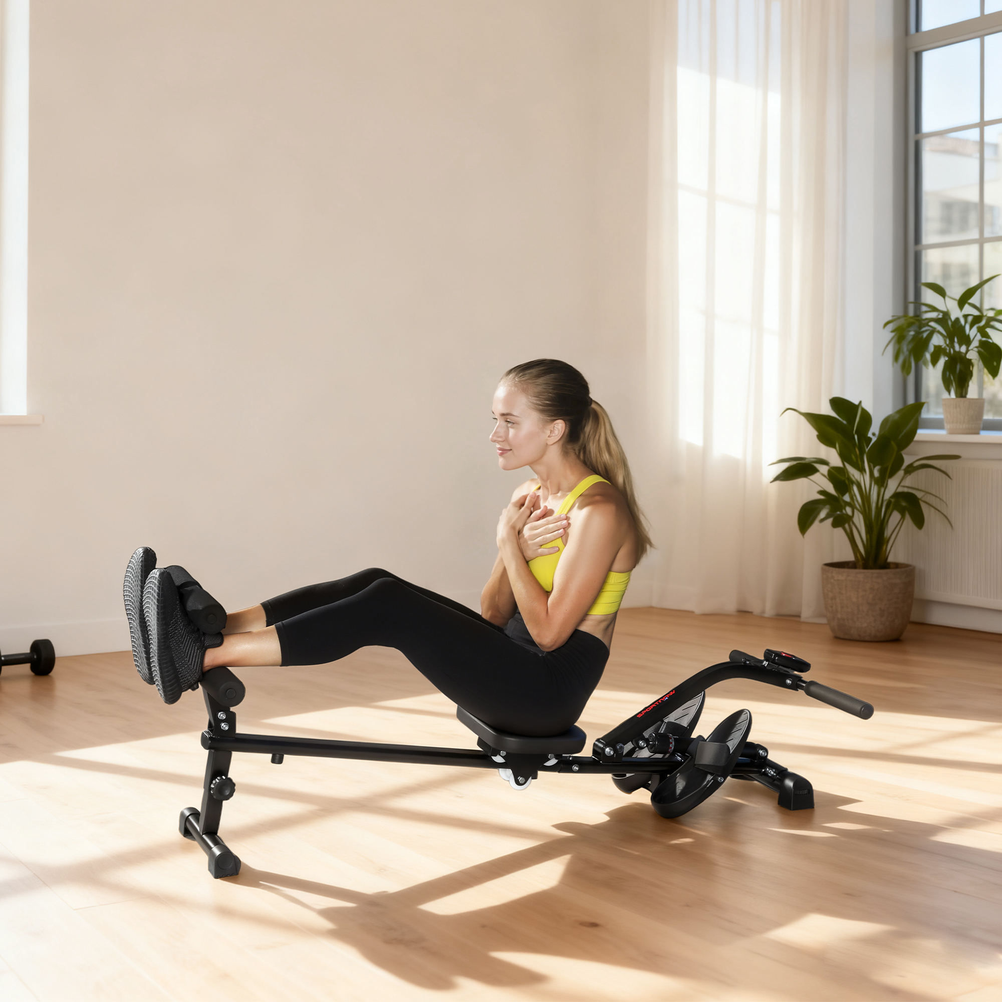 Rudermaschine, Rudergerät für Situps, 12-stufig verstellbar, 2-in-1 Kardiogerät, LCD-Anzeige, Stahl, Kunststoff, Schwarz
