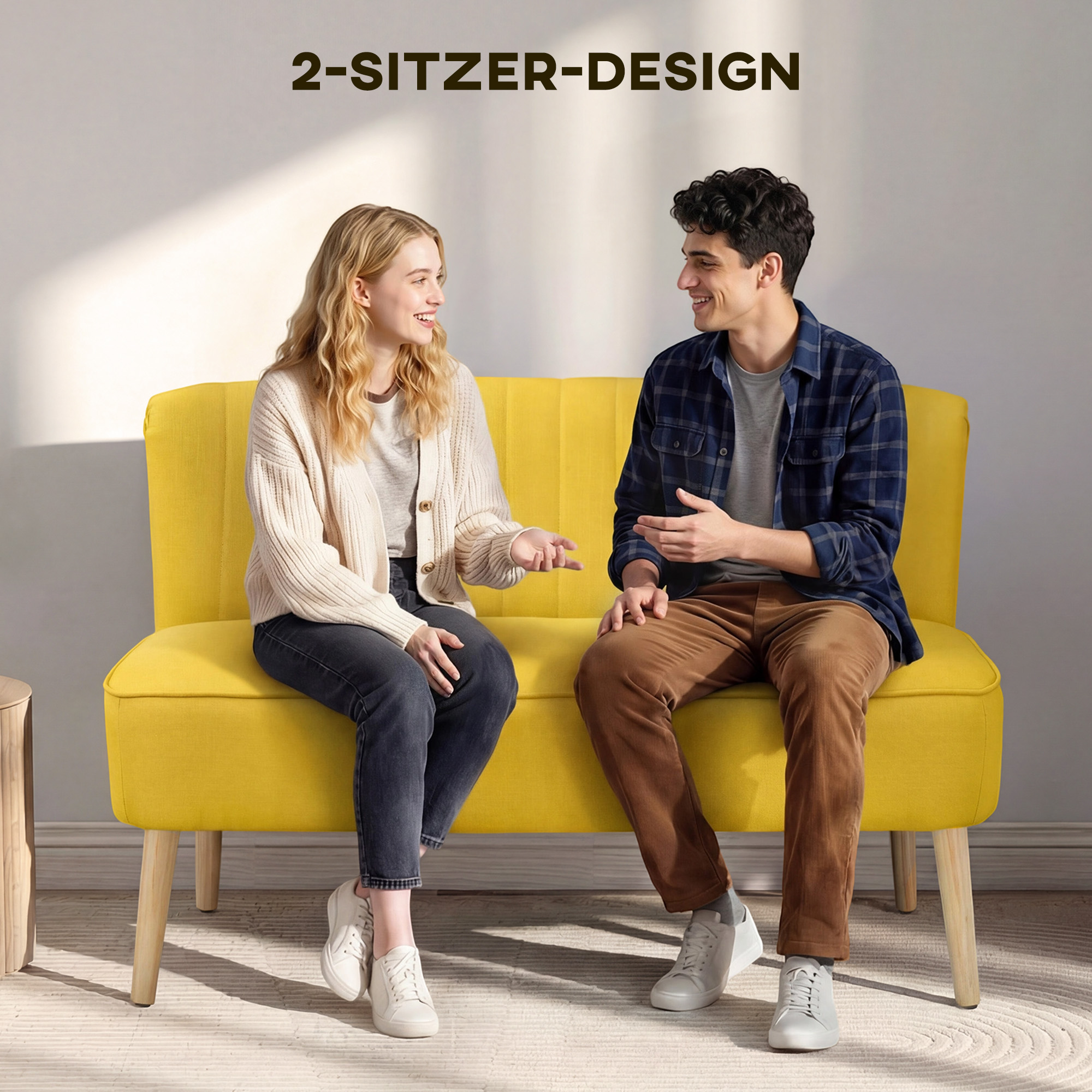 2-Sitzer Sofa, weiche Polsterung, pflegeleichter Bezug, bis 220 kg, 117 x 56,5 x 77 cm, Gelb