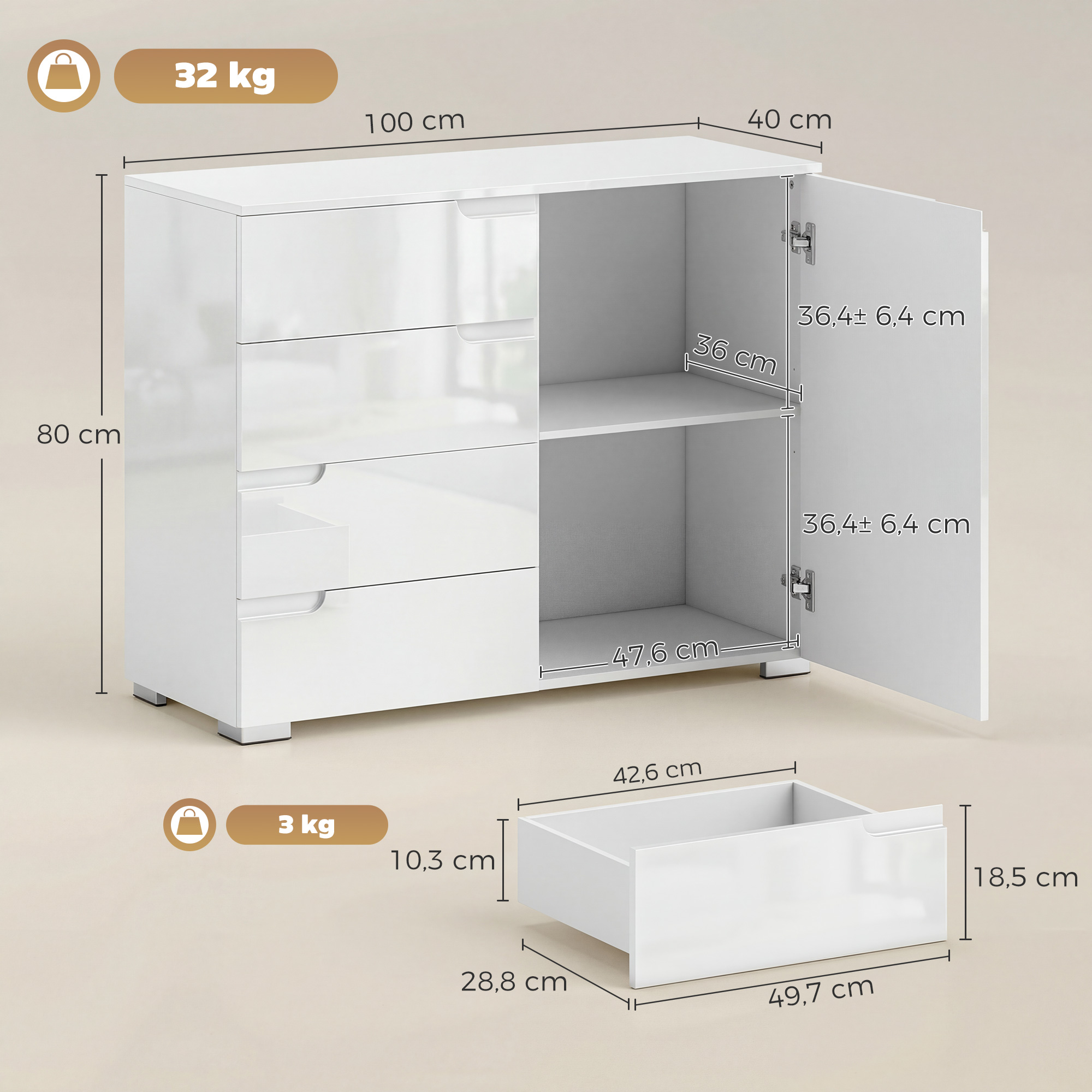 Kommode mit 4 Schubladen Sideboard mit 1 Tür, Verstellbarem Einlegeboden, für Wohnzimmer, Schlafzimmer 100 x 40 x 80 cm