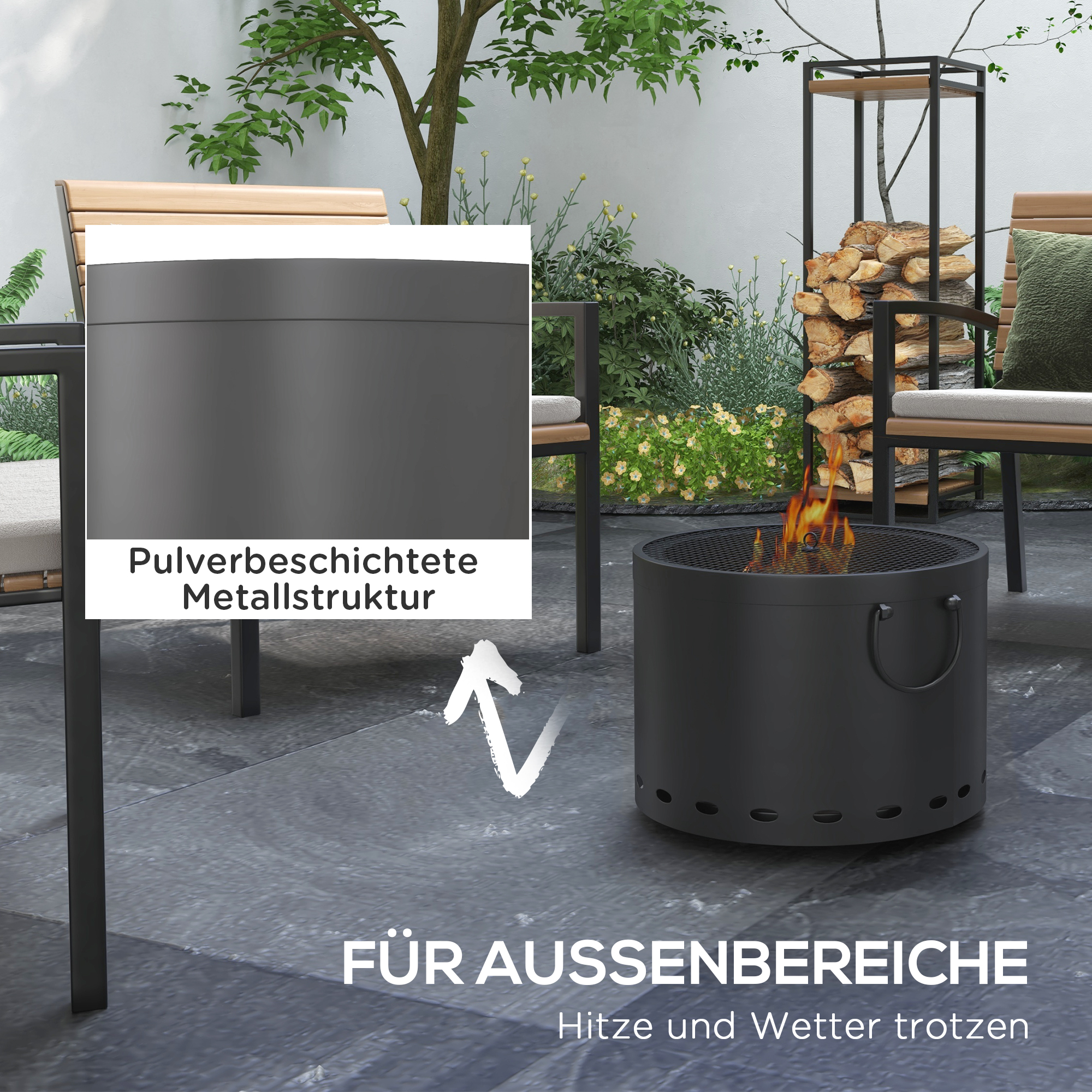 Feuerschale, rauchfrei, mit Funkenschutz, Schürhaken, Metall, Ø38x27 cm, Dunkelgrau