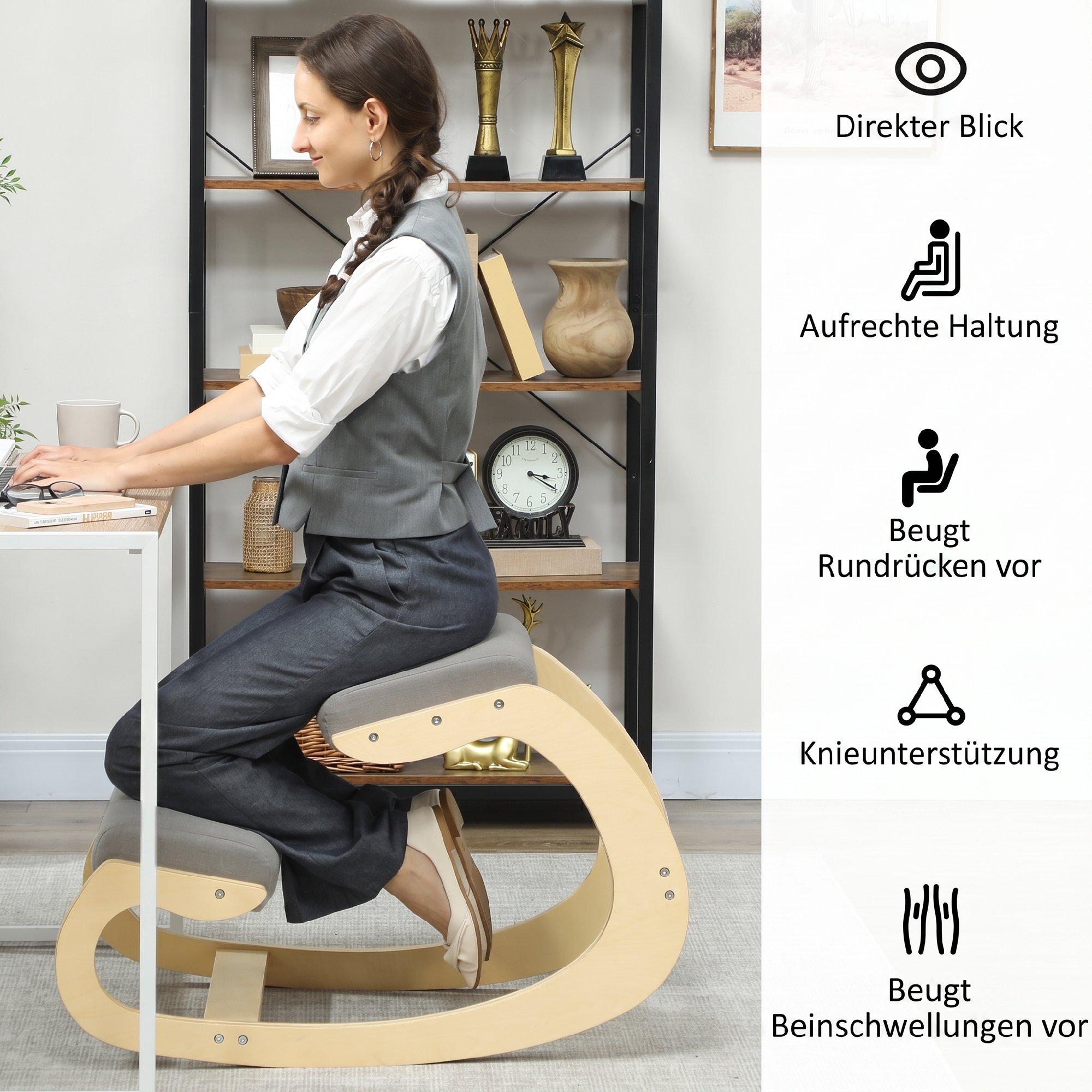 Ergonomischer, schaukelnder Kniehocker für Homeoffice, zur Verbesserung der Körperhaltung, Hellgrau