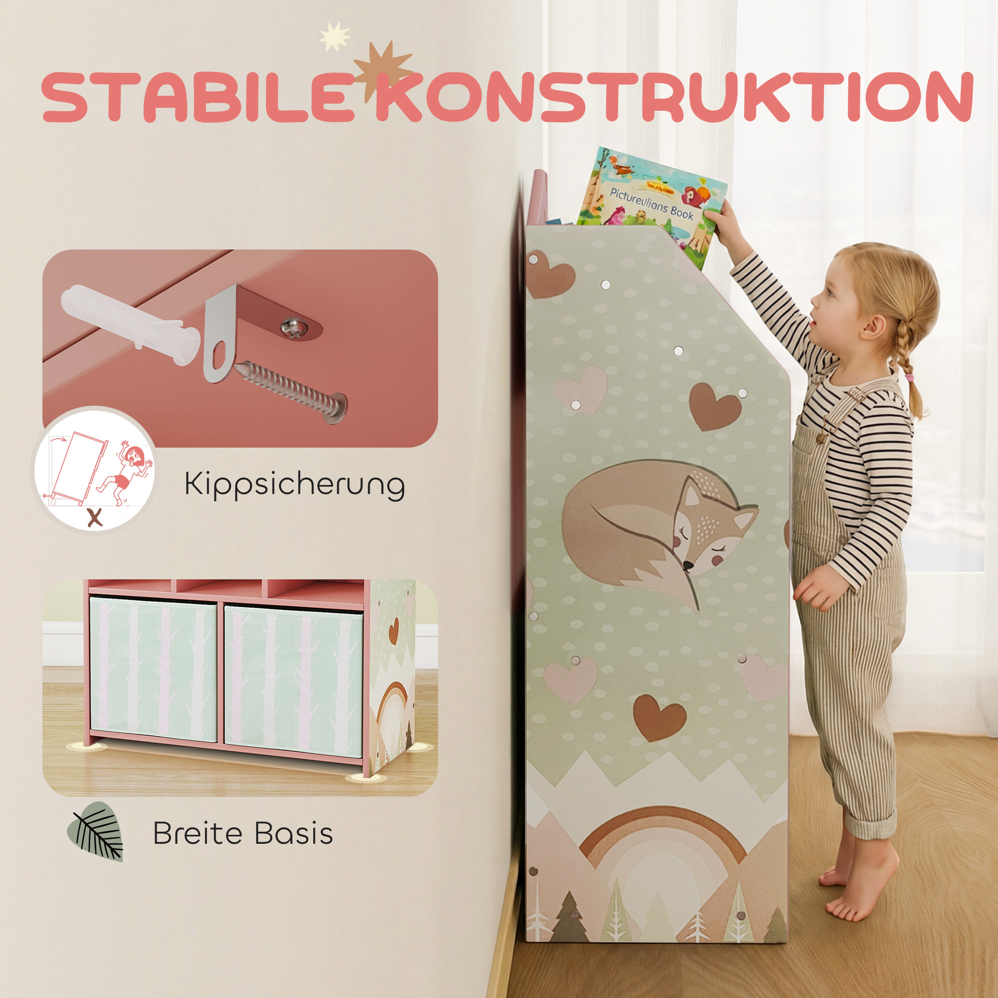 Kinderregal Bücherregal Kinder mit 2 Stoffschubladen offen Regal für 3-8 Jahre 62,5x30x91,5 cm Rosa