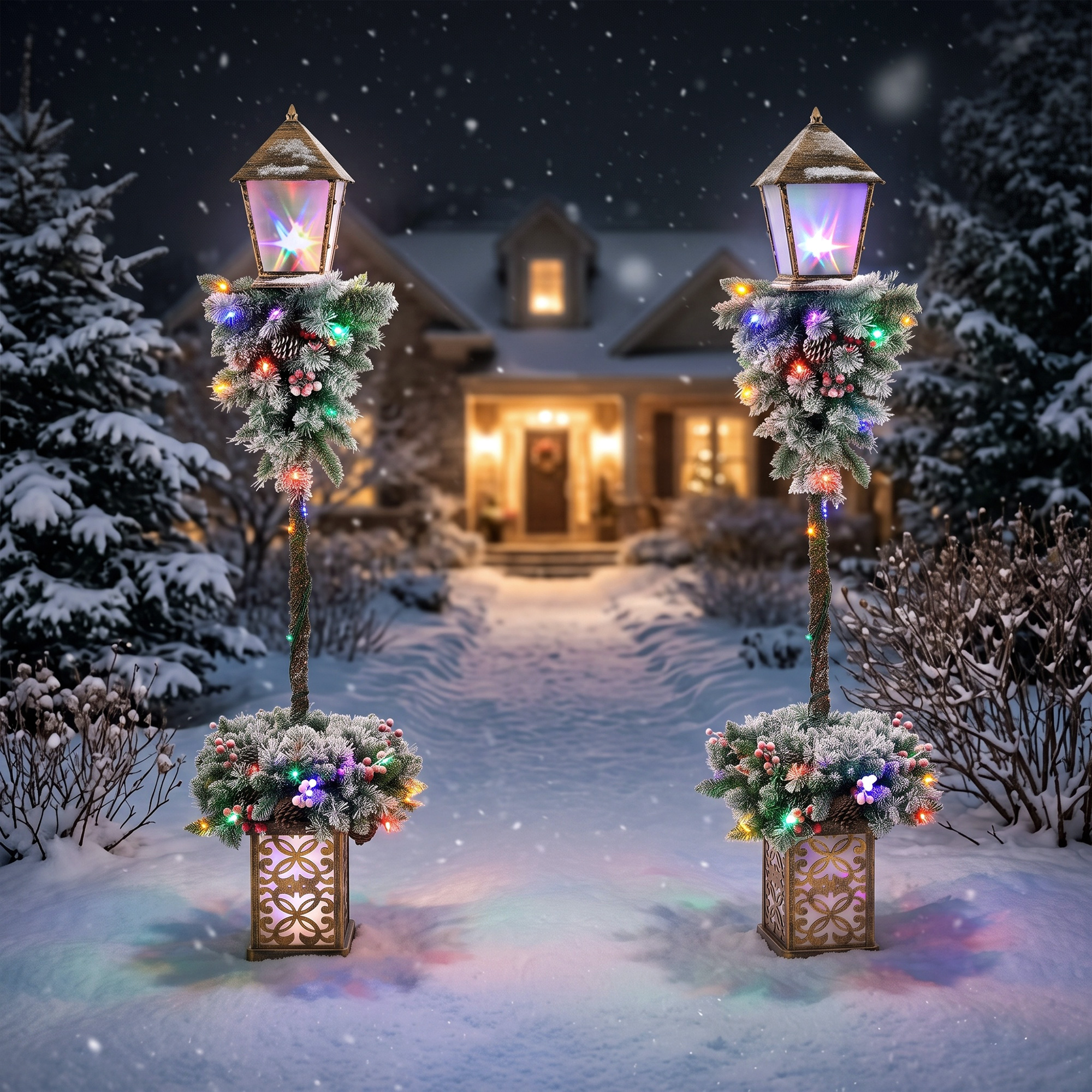 Weihnachts-Straßenlaterne für außen mit LED-Lichtern, schneebeflockten Spitzen, roten Beeren und Tannenzapfen