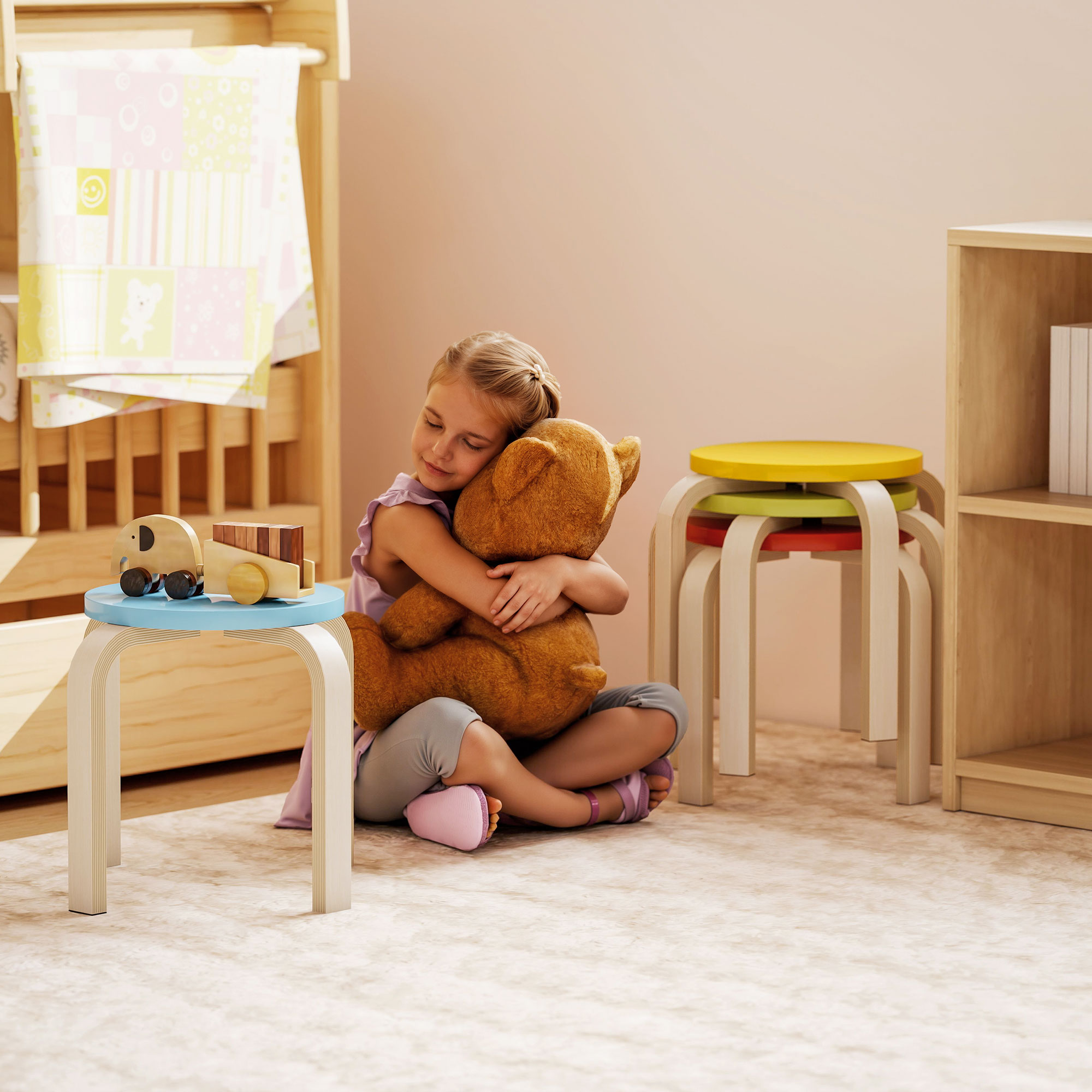 4 Stapelhocker mit Filzfußpolstern, Birken-Sperrholz, lackiert, Bunt