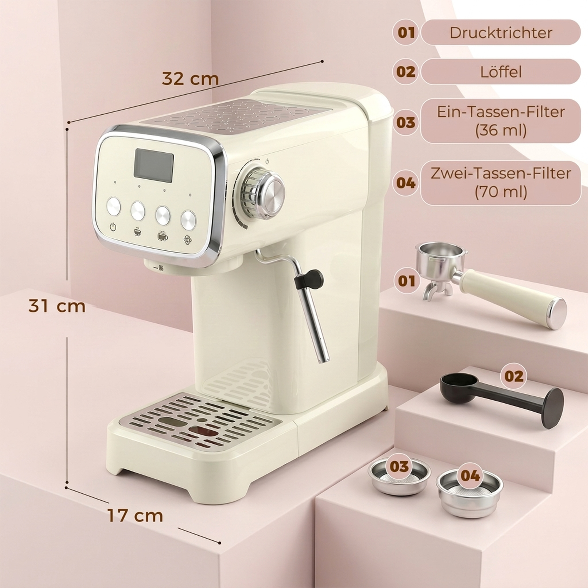 Siebträgermaschine 20 Bar Espressomaschine mit Milchaufschäumer und 1,2L abnehmbaren Wassertank für Espresso