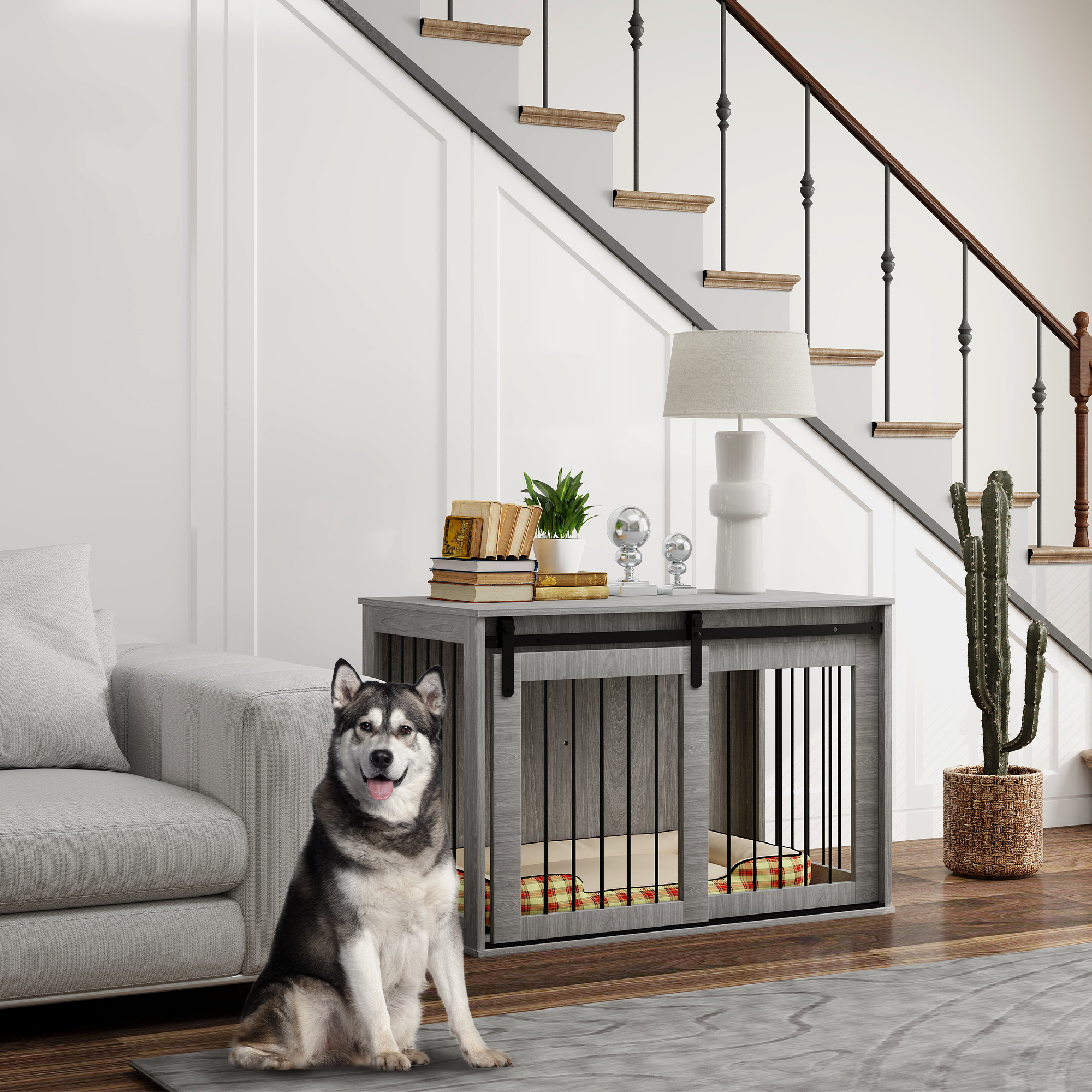 Hundebox mit Schiebetür, Belüftung, Spanplatte und Stahl, 98 x 58 x 61 cm, Grau