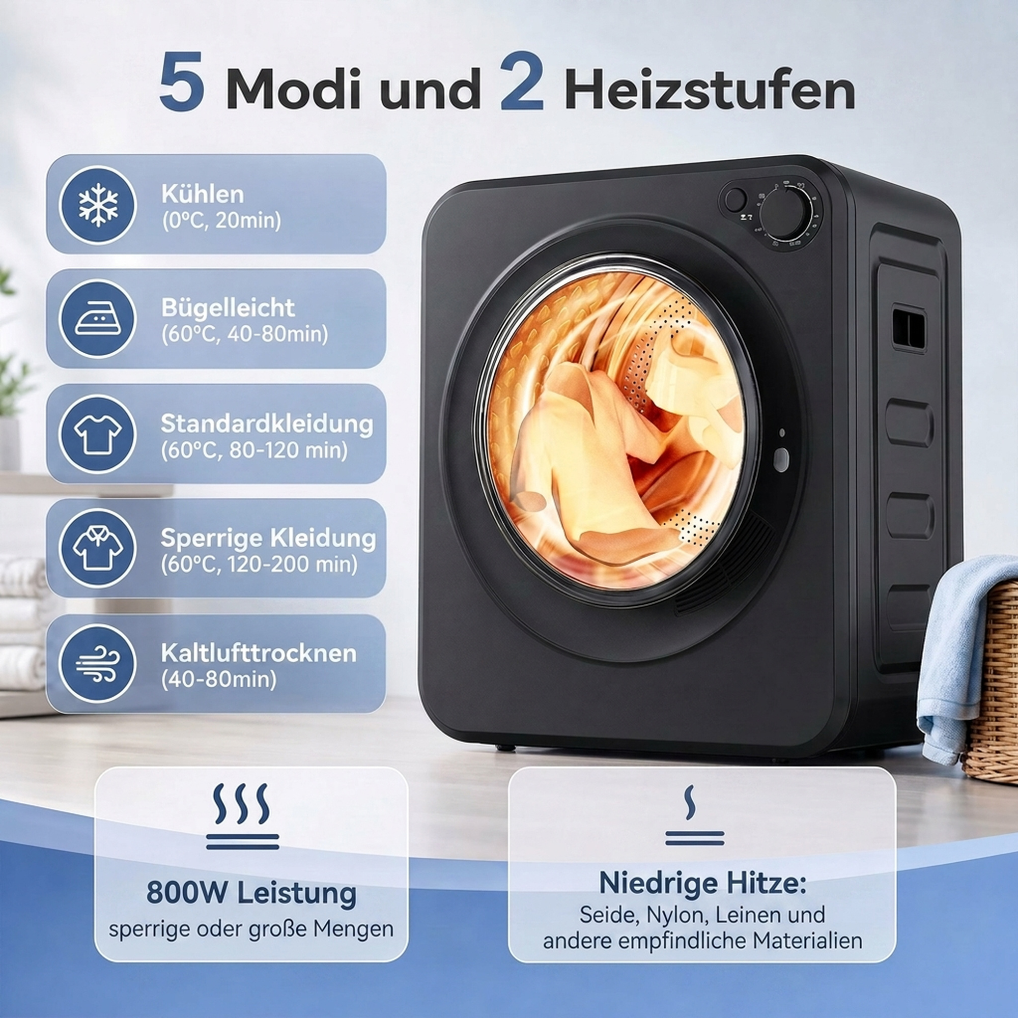 Mini Wäschetrockner 4 kg mit 5 Programme bis zu 60℃ 800W/400W Ablufttrockner mit Edelstahltrommel Schwarz
