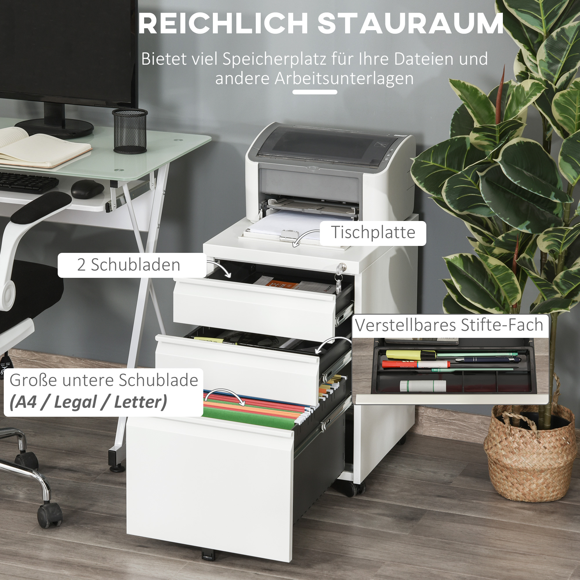 Rollcontainer mit 3 Schubladen mobiler Aktenschrank mit Rollen abschließbar Büroschrank mit konkavem Griff, Schubladenschrank für Büro, Homeoffice, 39 x 48 x 60 cm, Weiß