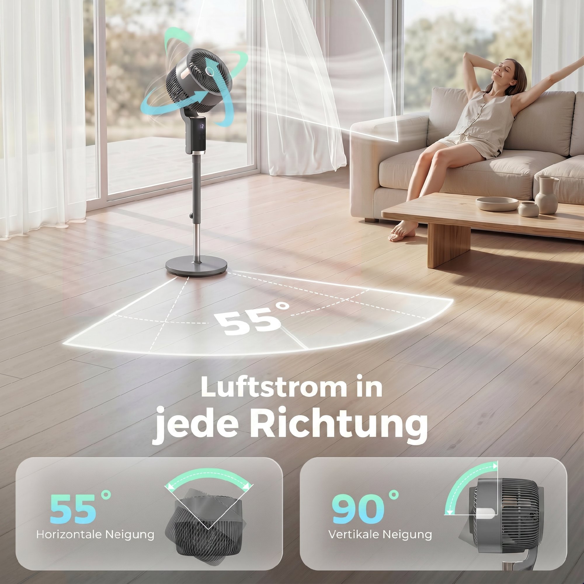 Standventilator Luftzirkulator Lüfter mit 8 Geschwindigkeitsstufen LED-Display Fernbedienung Timer 90° Oszillation Grau