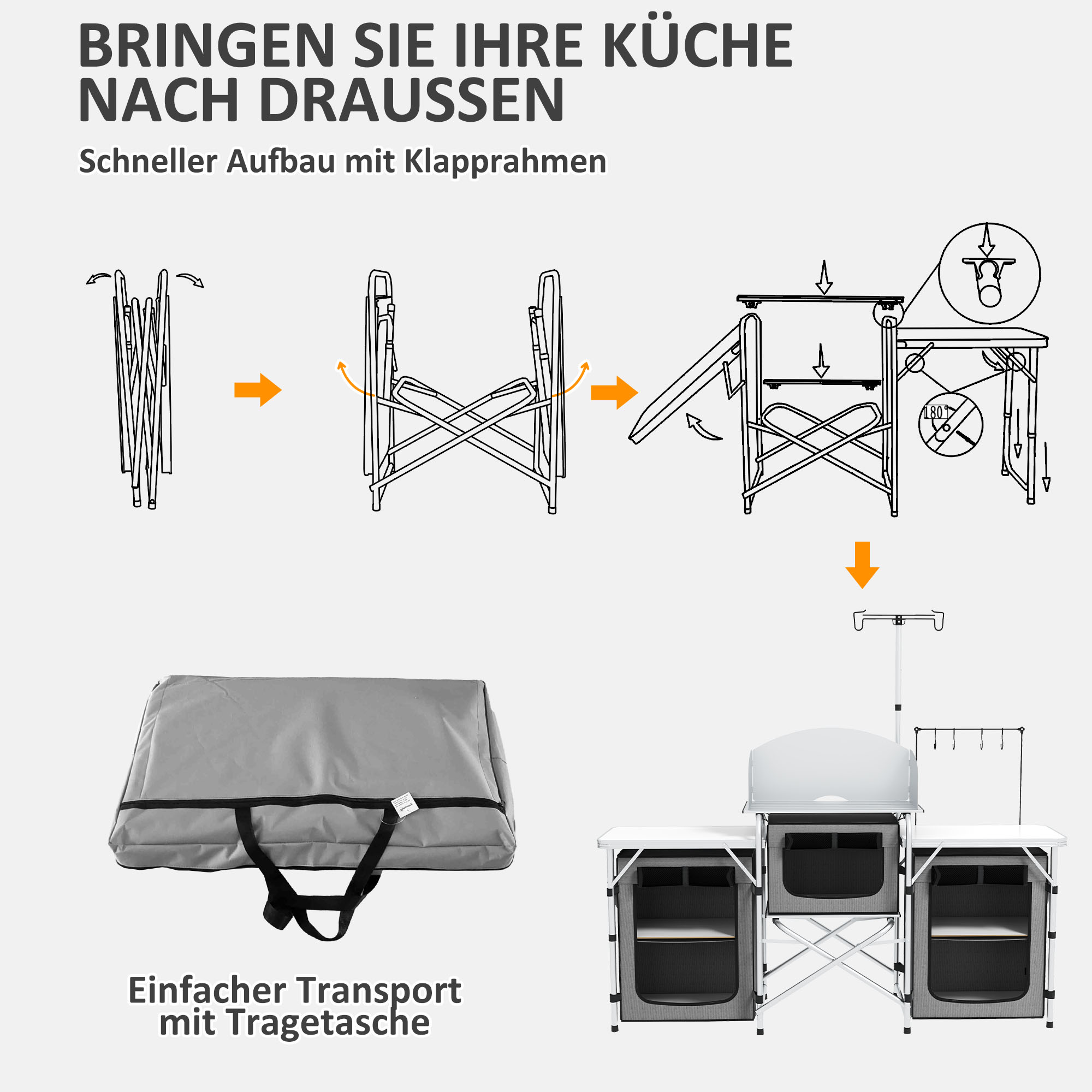 Campingküche, klappbar, Windschutz, 3 Stofffächer, Aluminiumrahmen, 172x48x119cm, Grau/Silber